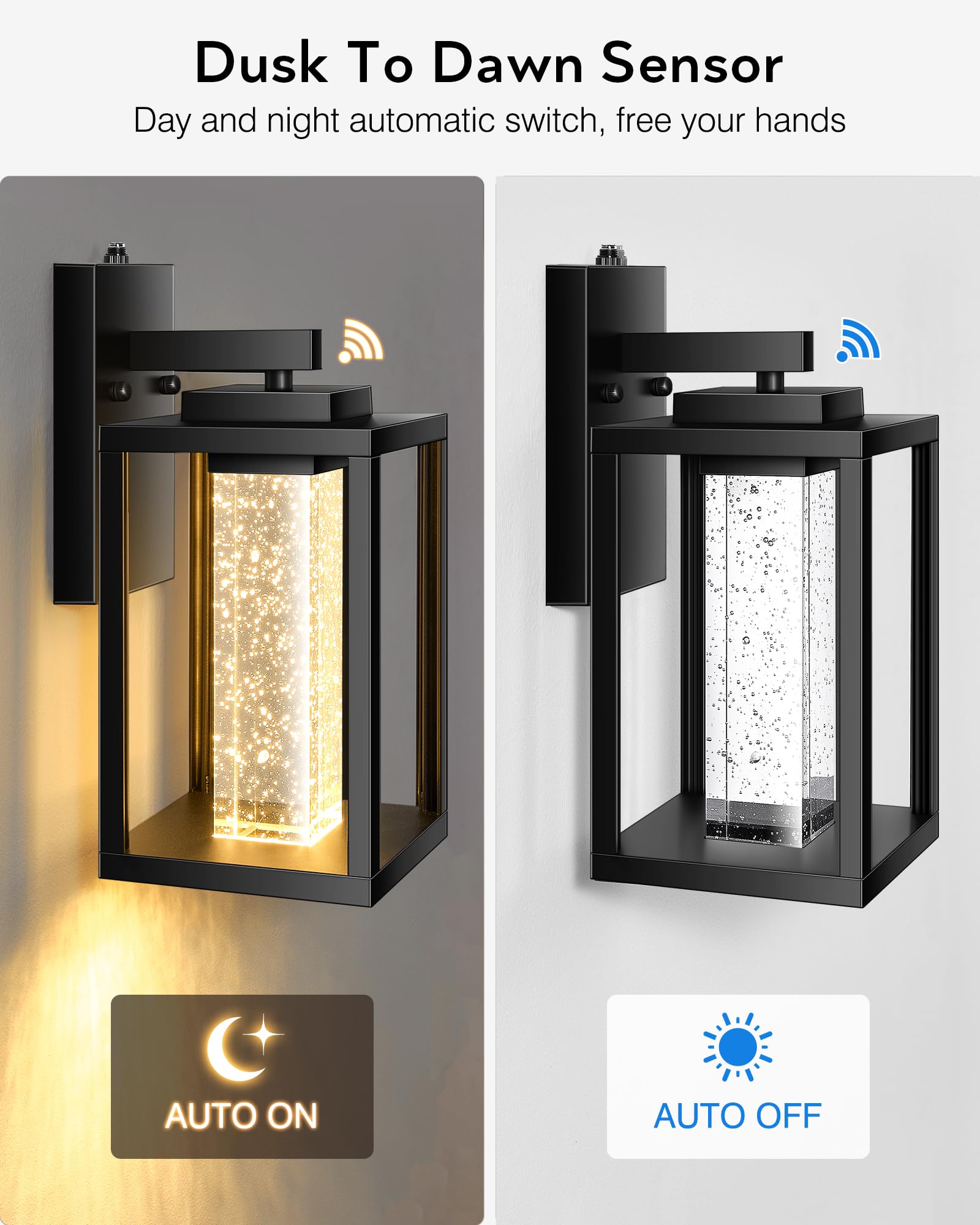 VIANIS Black Outdoor Wall Sconce Light Fixtures, 2-Pack Dusk to Dawn, 10W LED, Crystal Bubble Glass, Model V81152BK