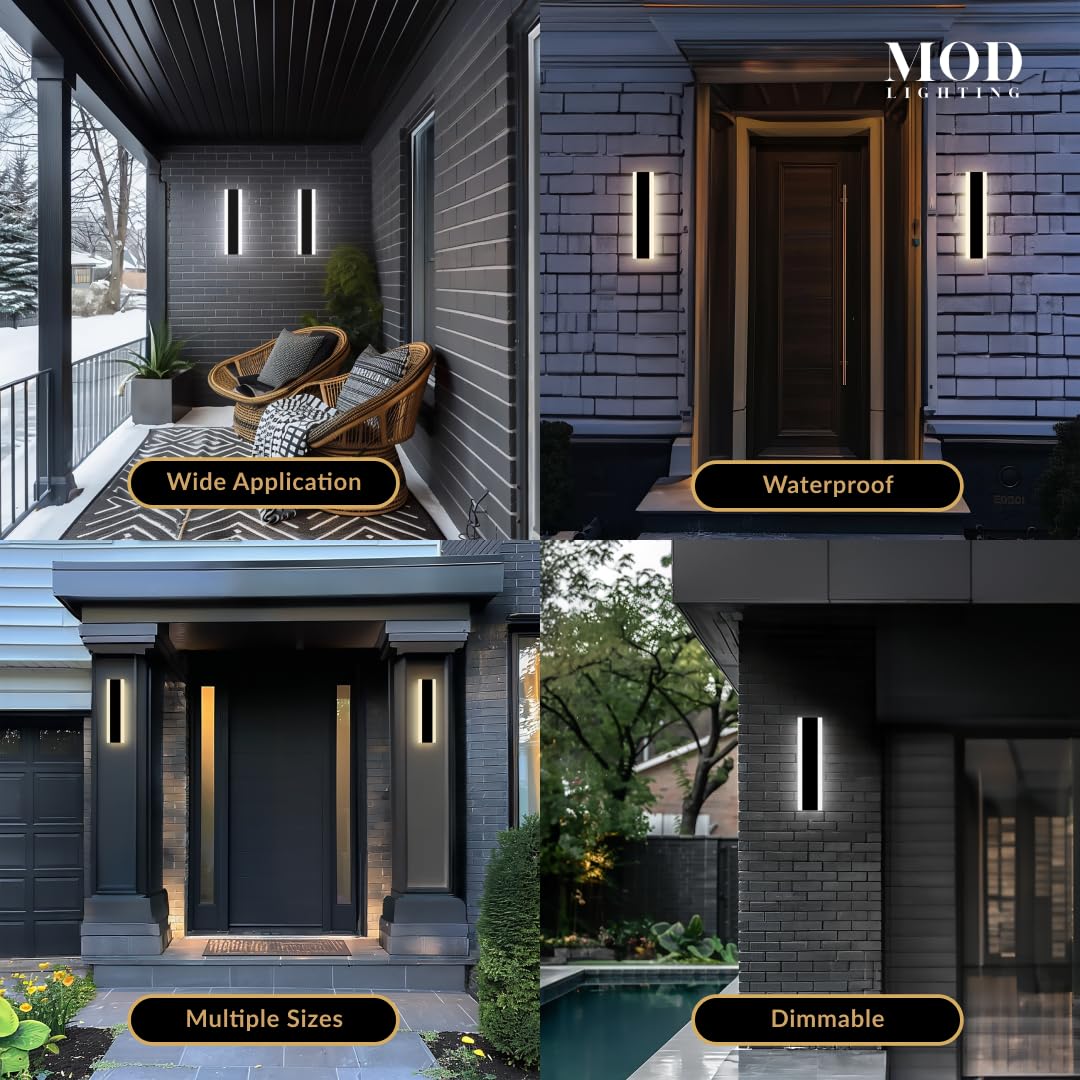 MOD LIGHTING Waterproof Outdoor Wall Light, LED Dimmable 3000K-6000K, 12" Black, Model MOD000-BK-12-DM, Patio Sconce