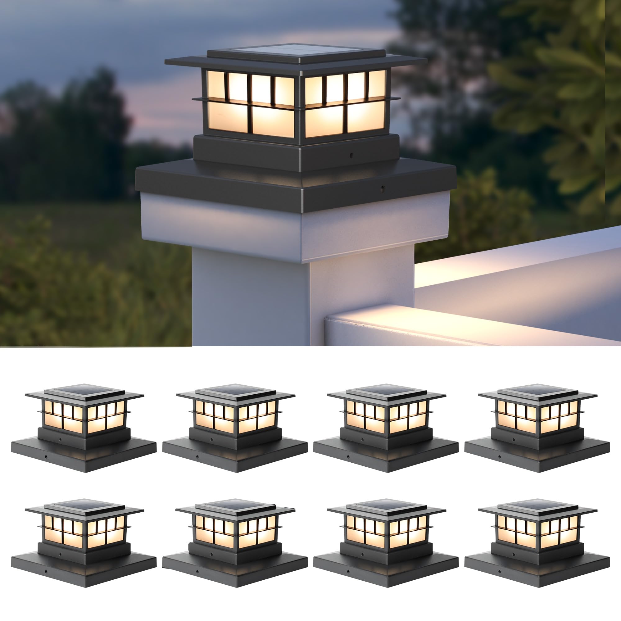 LUTEC Solar Post Cap Lights, IP65 Waterproof, Warm White 3000K LED, 8 Pack, Black, for 4x4, 5x5, 6x6
