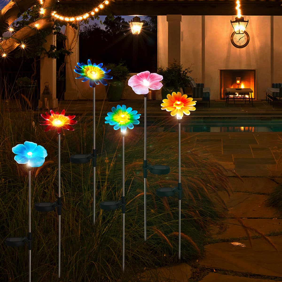 Eigreen 6 Pack Solar Garden Lights Outdoor Decor,Stake Yard Figurine Colorful Flower Light, Housewarming Ornament For Patio, Law