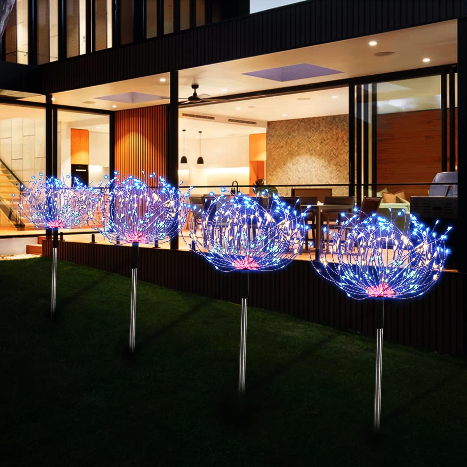 5 Pack Outdoor Solar Garden Lights, Solar Firework Lights 600 Led Waterproof Lamps Decorative, Fireworks Lamp 8 Modes Landscape