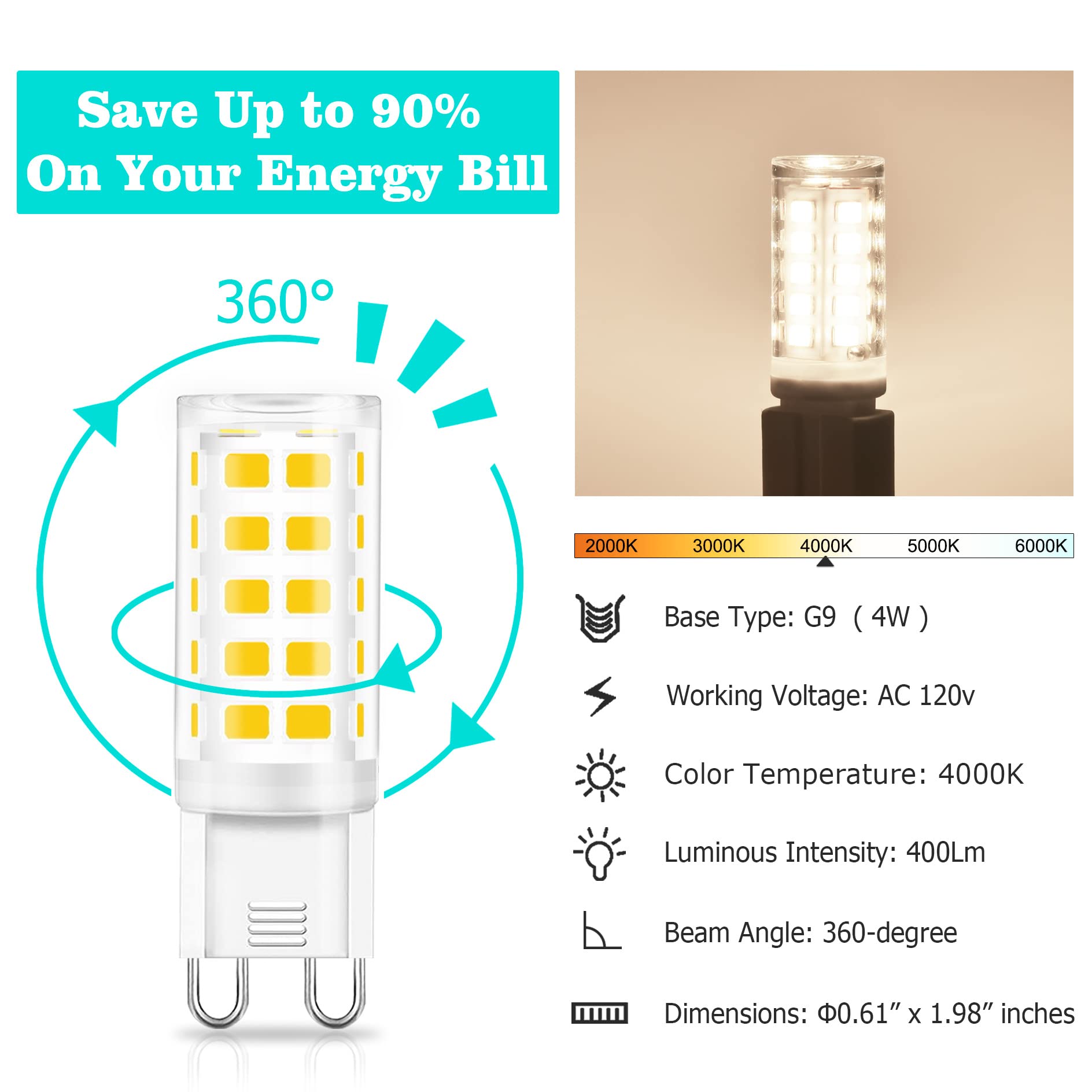 Golspark 10 Pack G9 Led Light Bulb 4000K Natrual Daylight 4W (40 Watts Halogen Replacement), T4 G9 Bi Pin Ceramic Base Light Bul