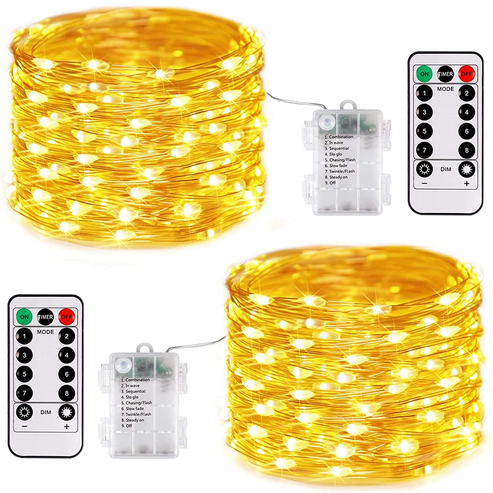JMEXSUSS 100 LED Fairy Lights, Battery Operated, Warm White, 8 Modes, Copper, Indoor Christmas Decor, 2 Pack