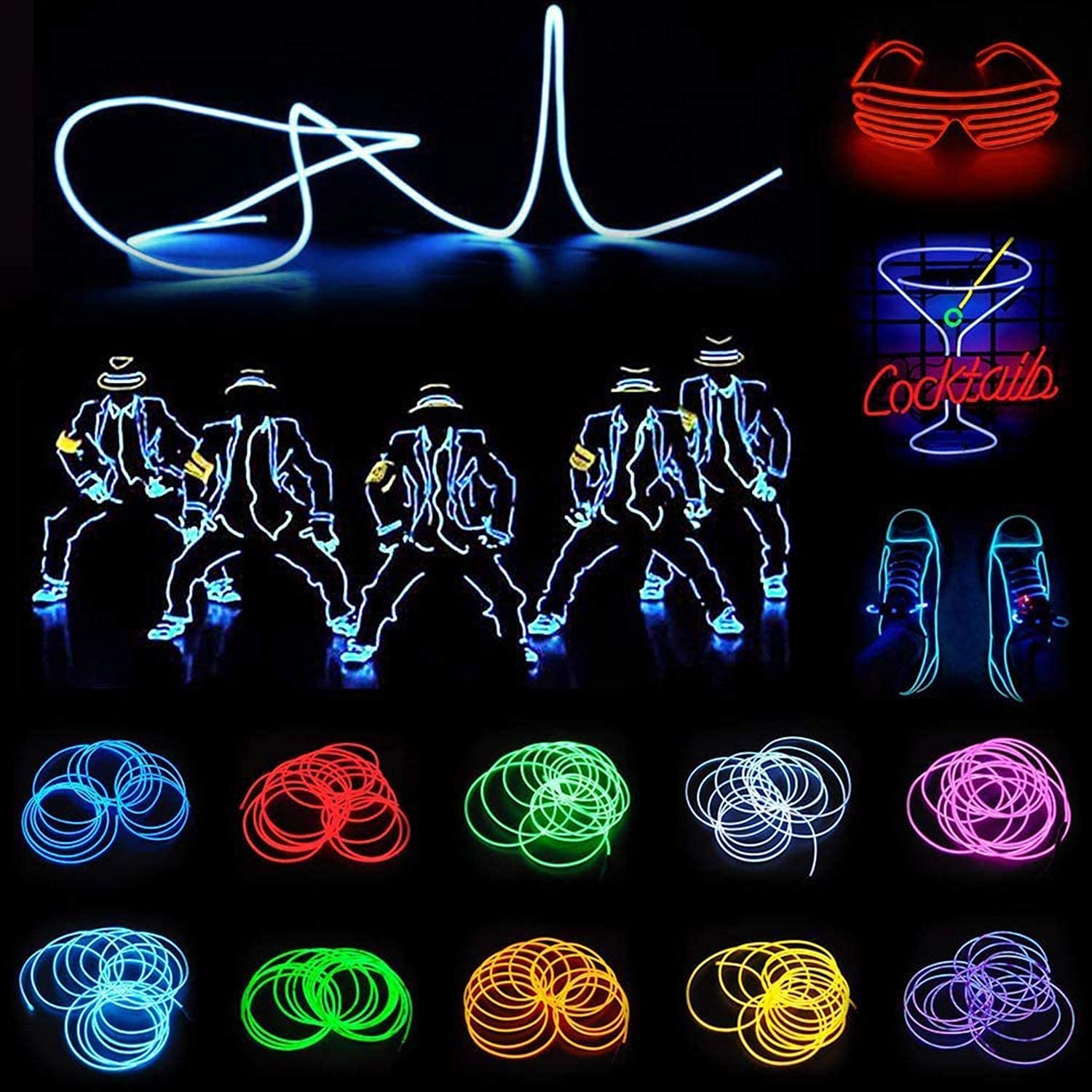 Jiguoor Usb Rechargeable El Wire 32.8Ft/10M (5Mx2) Bright Neon Light Strip 360° Illumination Neon Tube Rope Lights For Diy, Festival, Party Decoration, Halloween, Chrismas (32.8Ft/10M, Purple)