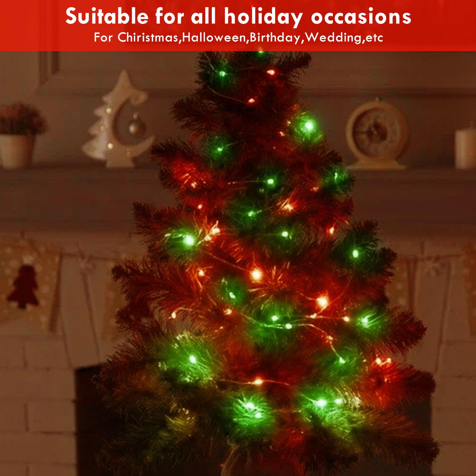 YIQU 3 Pack Fairy Lights, 80 LED String Lights, Battery Operated with Remote Control Timer, Red & Green, 26 FT for Indoor/Outdoor Décor