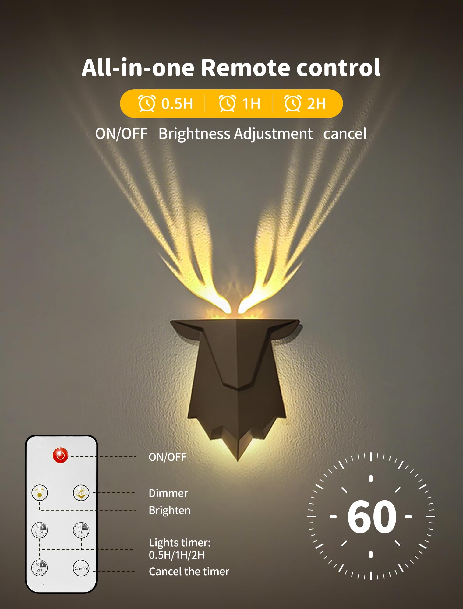 Tarinks Deer Wall Light, Halloween Night Light with Remote Control, Rechargeable Antler Lamp, Deer Wall Sconce Nightlight for Li