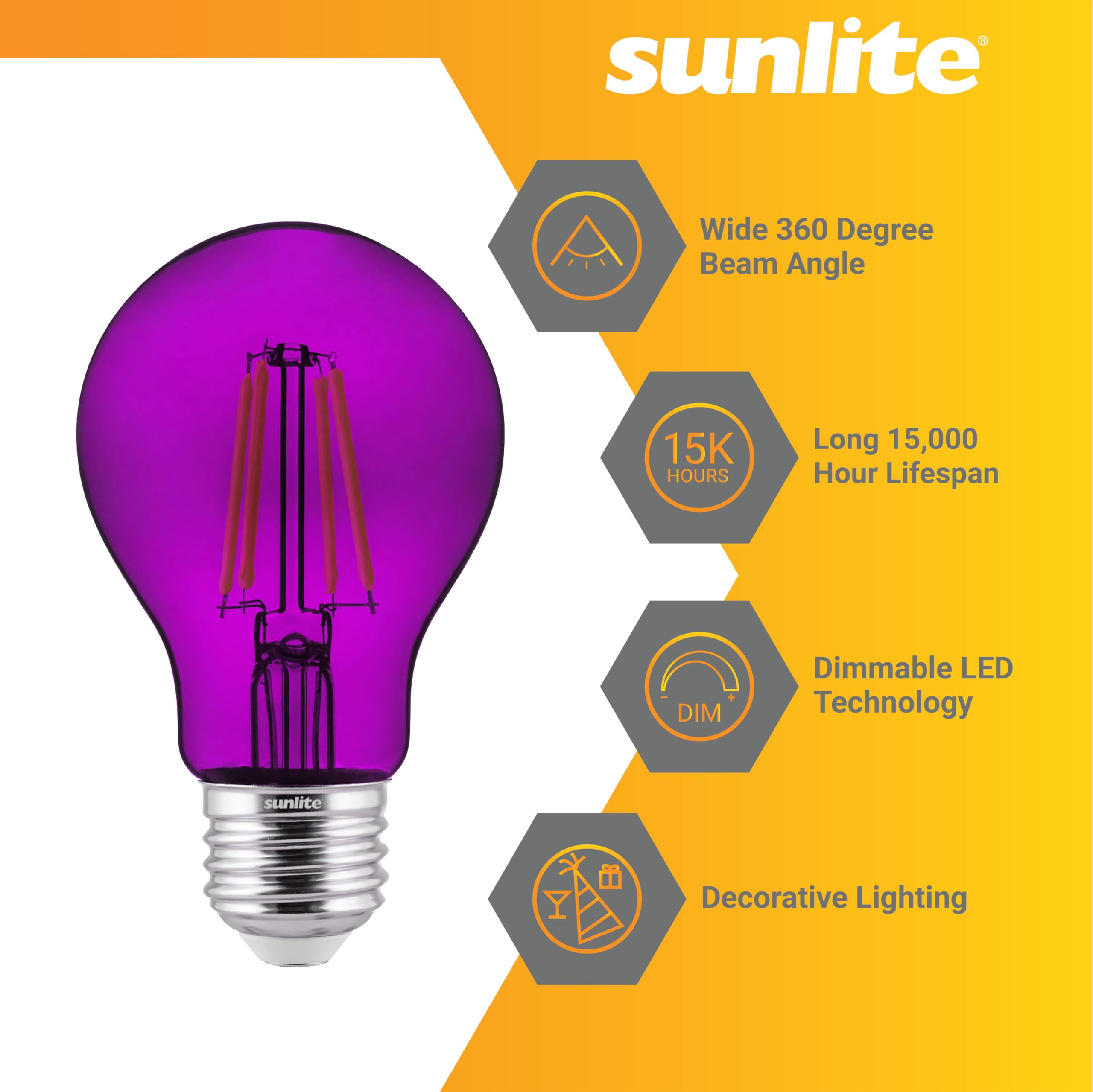 Sunlite LED Colored Filament A19 Light Bulb, 4.5W, Medium E26 Base, Dimmable, 2 Count, Purple, Model 81081