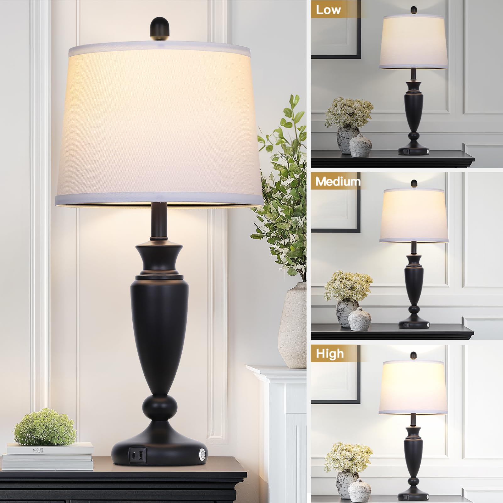 Rinweey 27'' Black Table Lamps Set Of 2, 3 Way Touch Control Living Room Lamps With Usb A+C Ports, Modern Bedside Lamps, Elegant