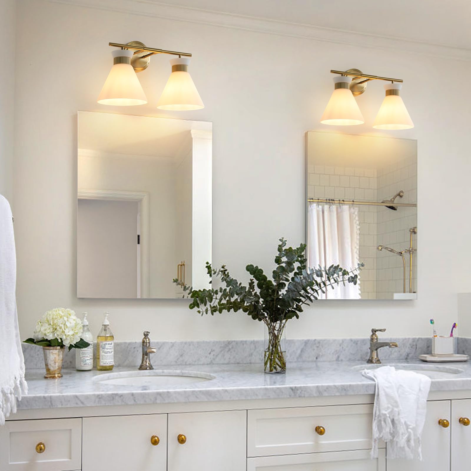 WOSHITU 2-Light Bathroom Vanity Light Fixtures, Brass Gold Metal Wall Sconce with Frosted Glass for Modern Home Decor