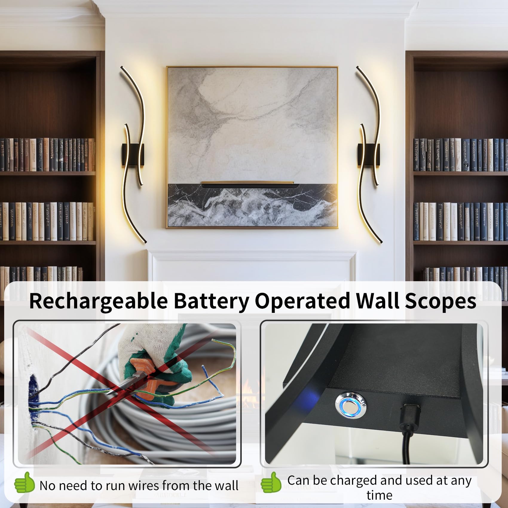 Aikertec 38 Inch Battery Operated Wall Sconces Set Of 2 Pack With Remote Control, Dimmable Rechargeable Battery Wall Sconce 3000