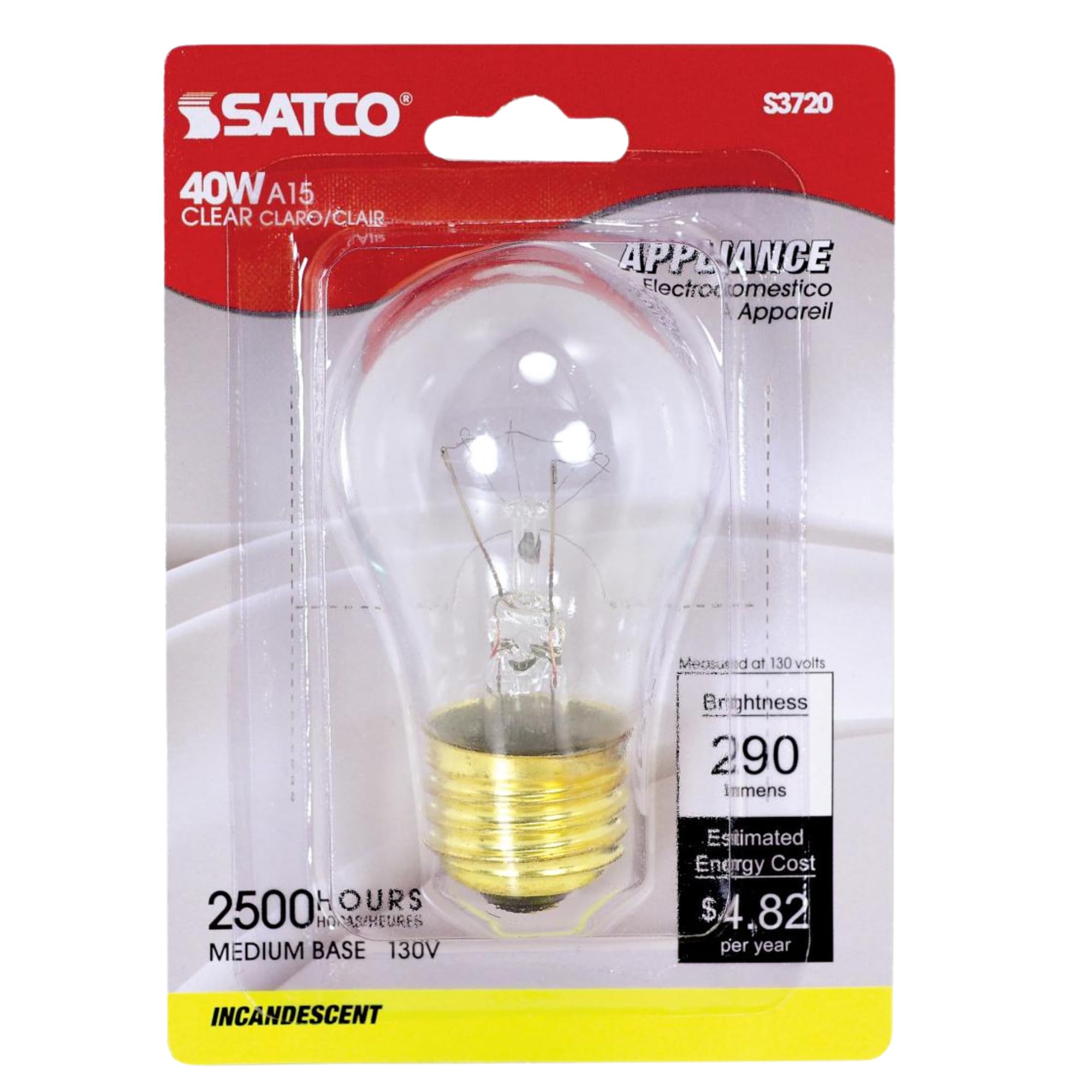 Satco S3720 A15 Incandescent Appliance Bulb, 40W, 130V/120V, E26 Medium Base, Clear Finish, Dimmable, 2500H Lifespan, 2700K Warm