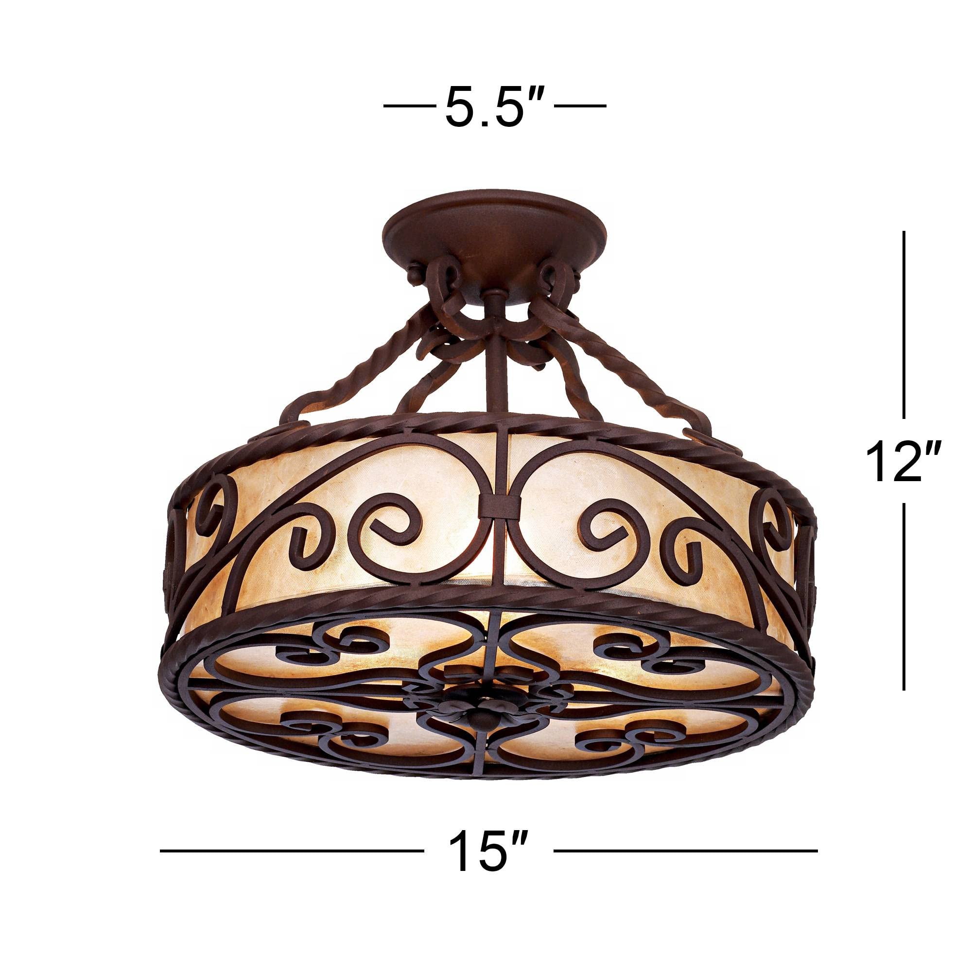 John Timberland Natural Mica Collection Rustic Ceiling Light Semi-Flush Mount Fixture Deep Walnut Scroll 15'' Wide Drum Shade Fo