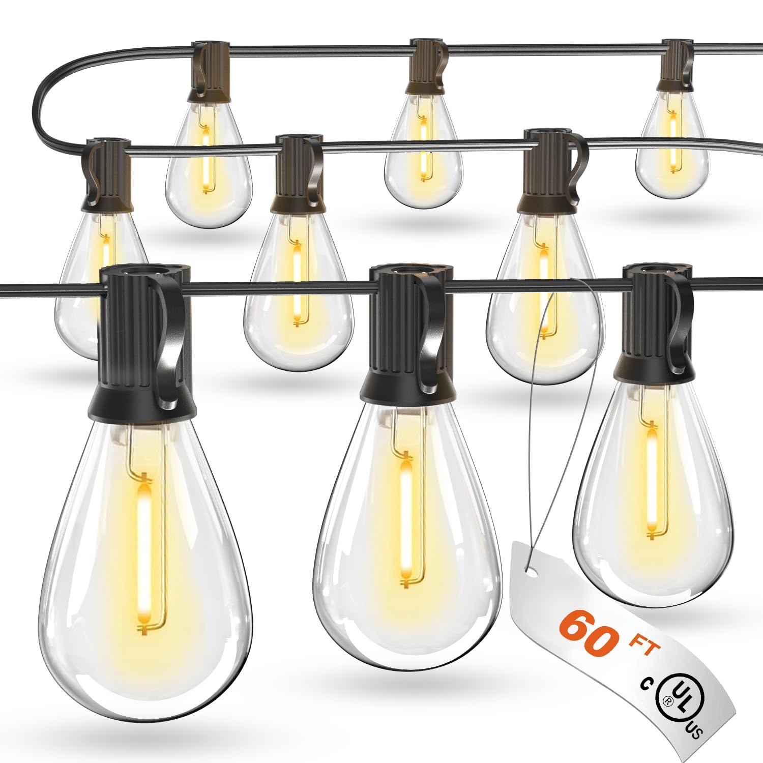 luckystyle 60FT LED Outdoor String Lights with 16+1 Edison Shatterproof Waterproof Bulbs, 2700K Commercial Grade Patio Lights, H