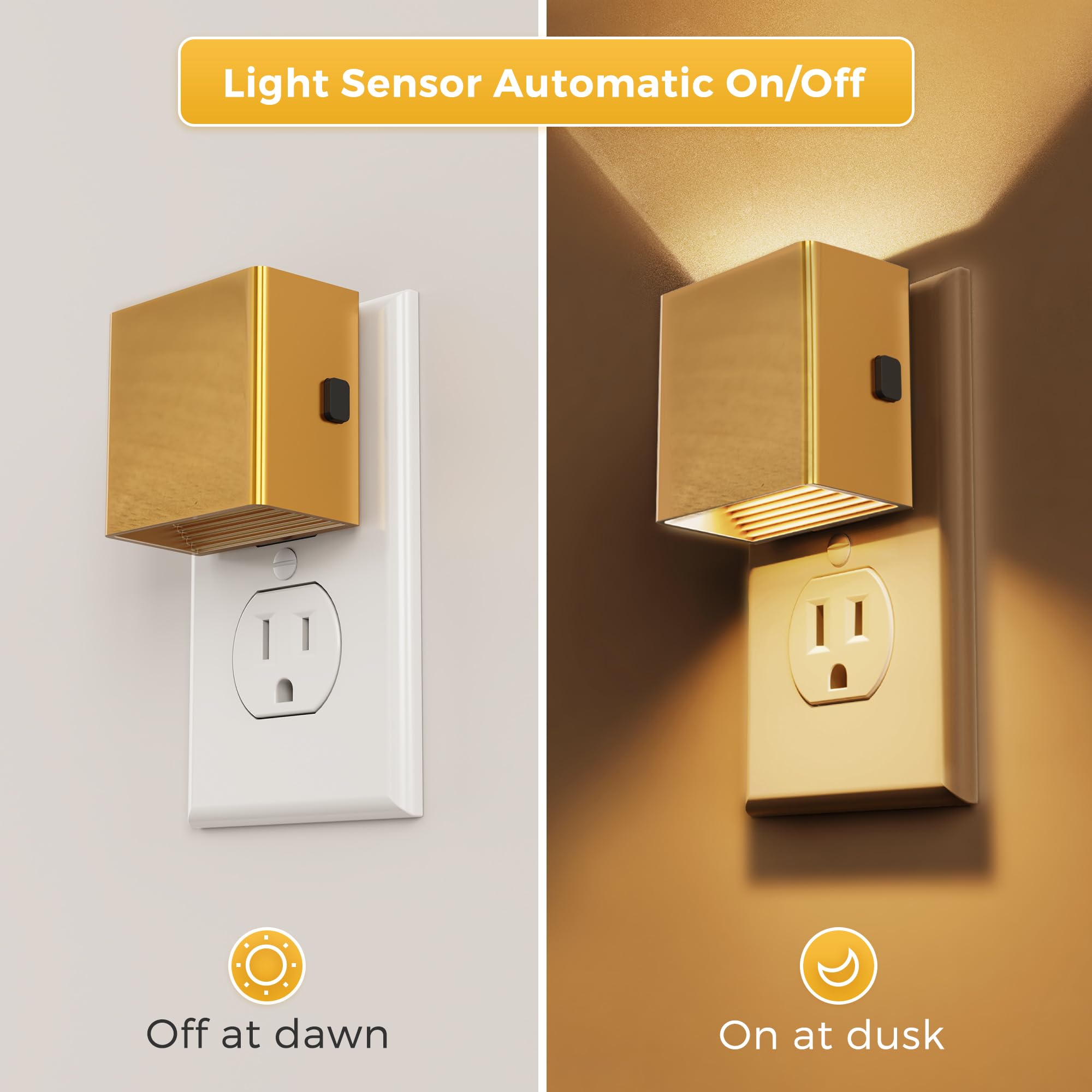 L Lohas Led Night Light,Night Lights Plug Into Wall,[2-Pack] Dimmable Night Light With Light Sensor,3000K Warm White,Gold Nightl