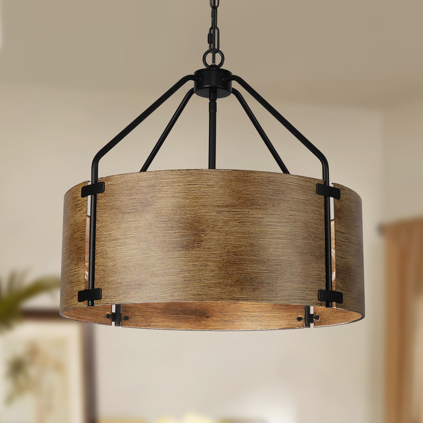 CNRATYE 4-Light Farmhouse Drum Chandelier, Rustic Industrial Round Metal Hanging Light Fixture for Dining Room Foyer Entryway Ki