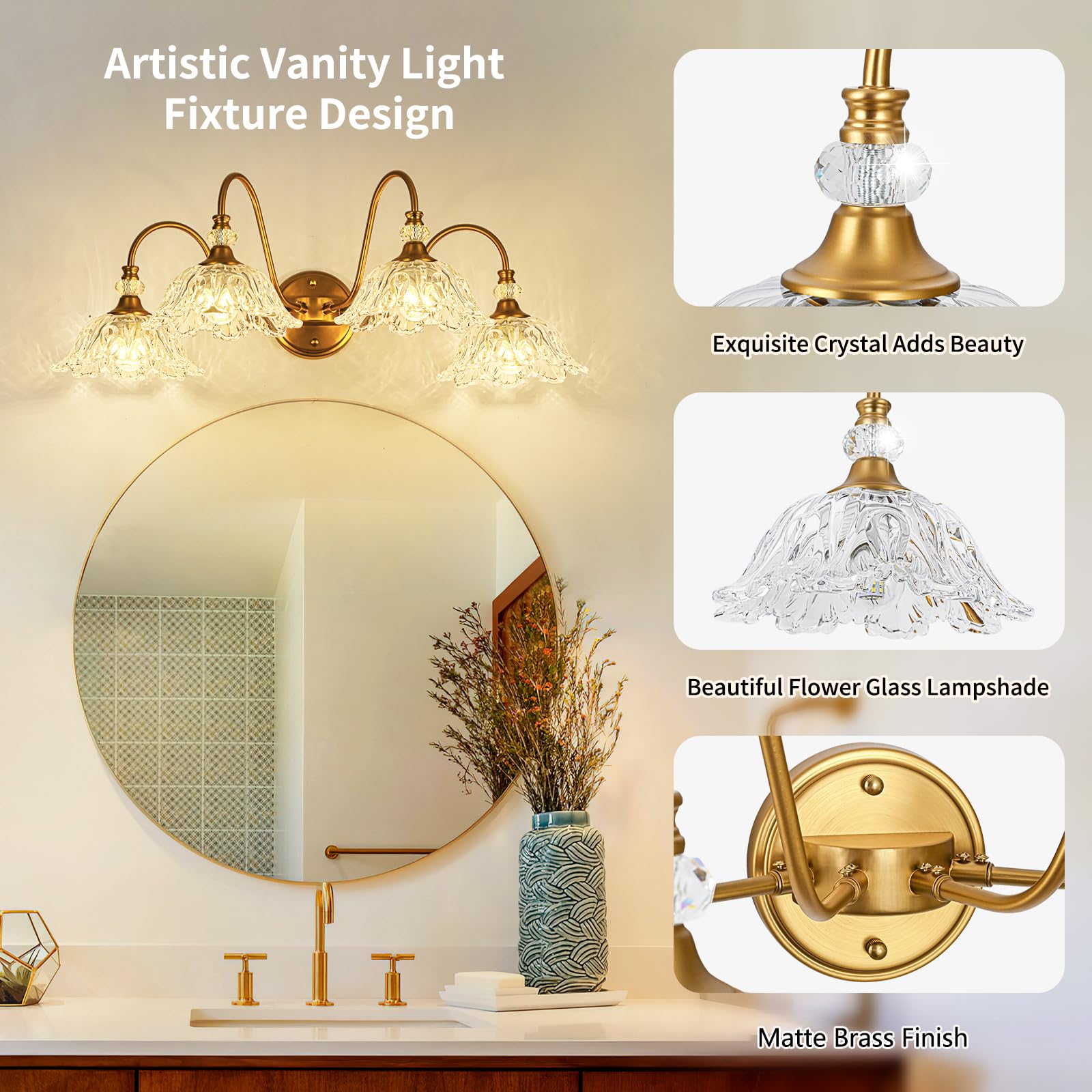 sunkryster 4-Light Vintage Bathroom Vanity Light, Matte Brass Finish, Floral Glass Shades, Retro Wall Mount, Model Sun-104AB-Brass-4