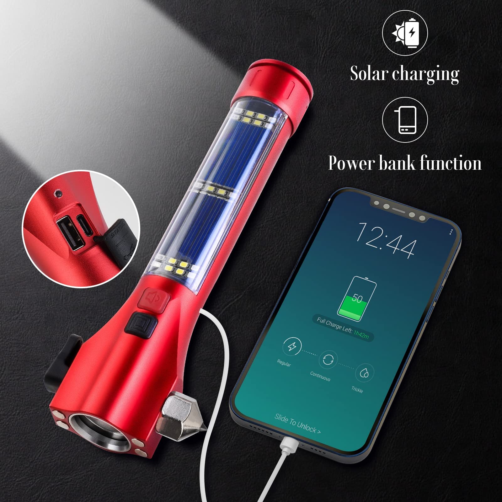 Unicumoo Solar Flashlight - Rechargeable LED Emergency Light with Window Breaker & Seatbelt Cutter, Waterproof, Red