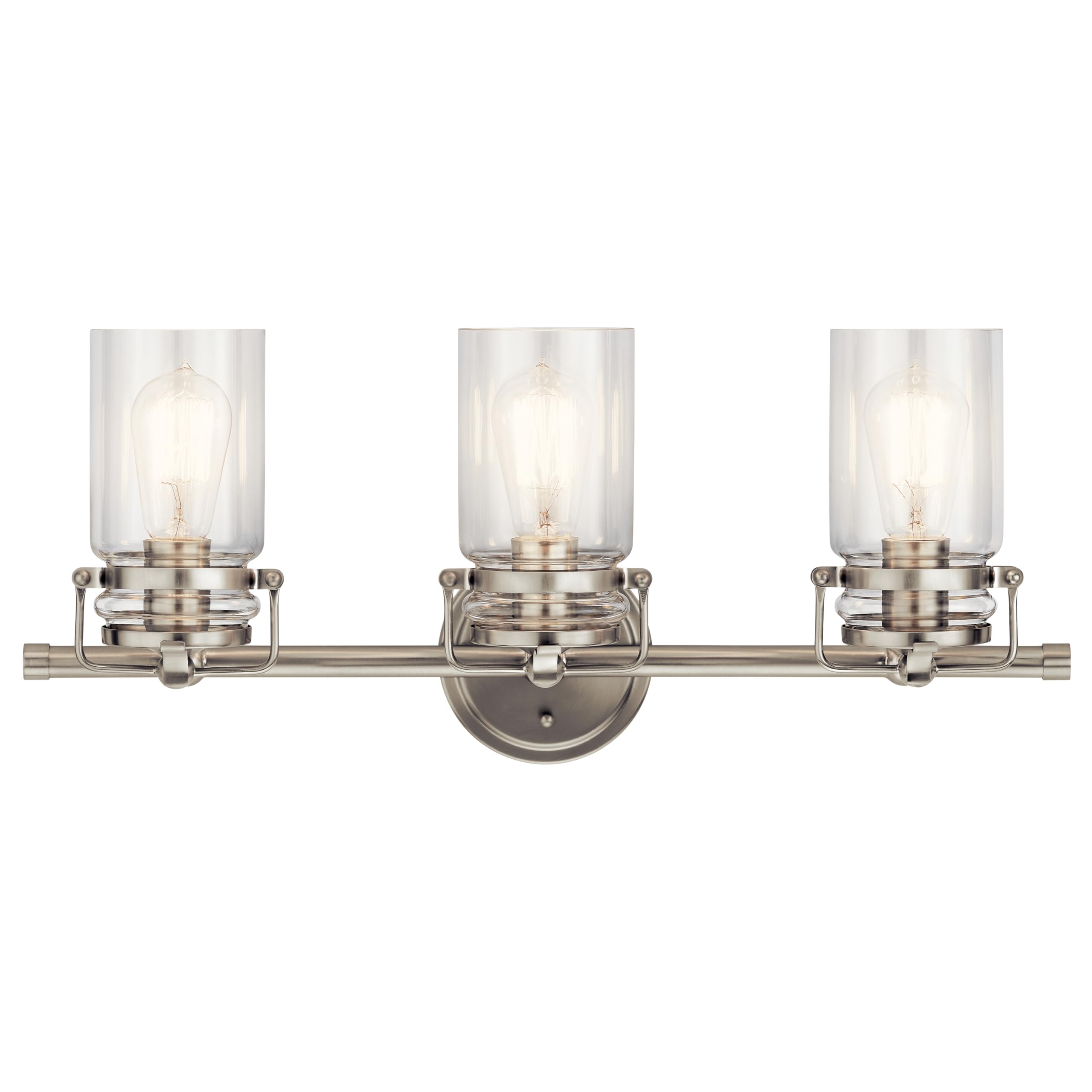 Kichler Brinley 24" 3-Light Vanity Light, Brushed Nickel, Clear Glass, Model 45689NI, Farmhouse Style