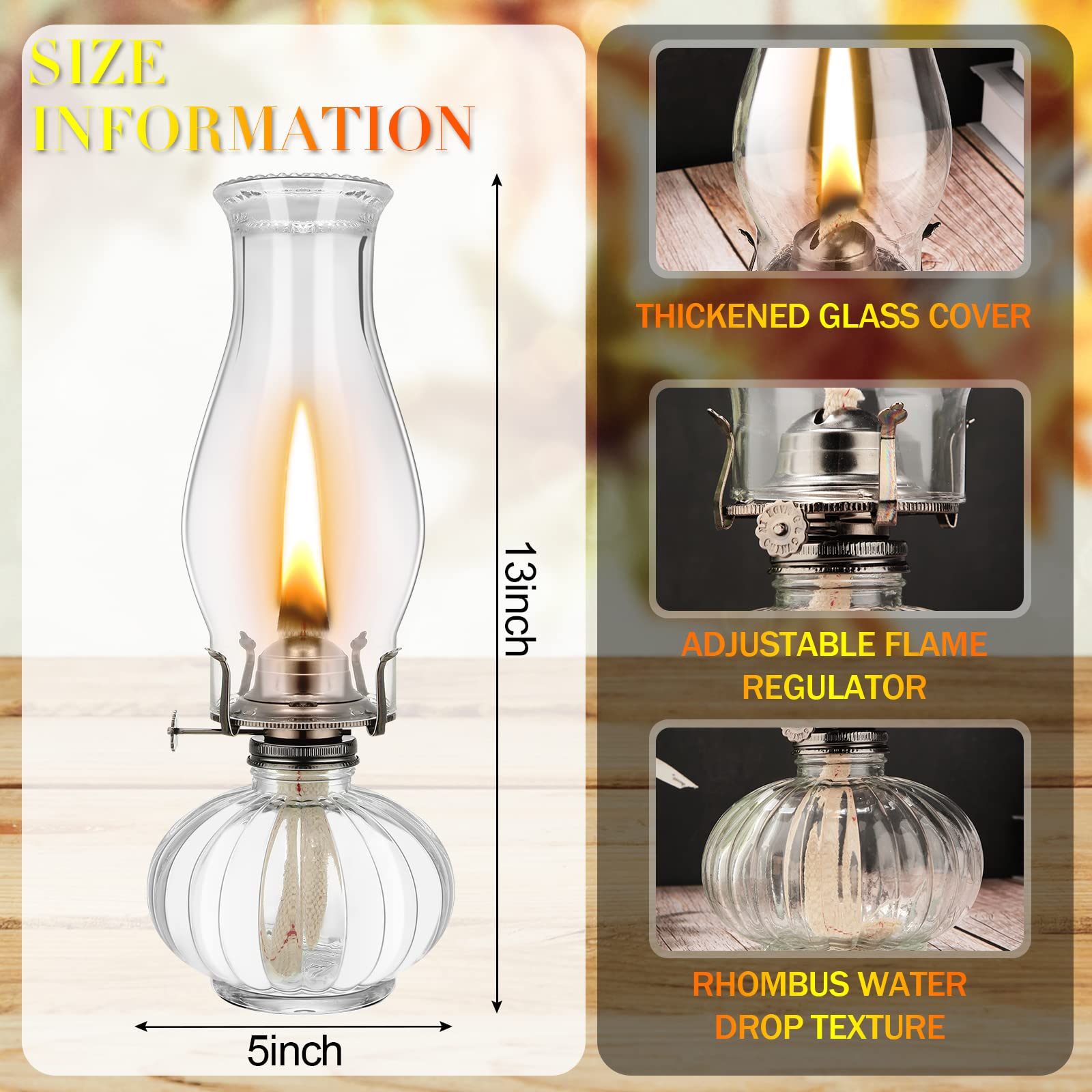 2 Set Chamber Oil Lamp Classic Kerosene Lamp Large Oil Glass Lantern Vintage Hurricane Lamp With Adjustable Fire Wick For Home Indoor Use Chimney Burner, 13 Inch Heigh(Clear)