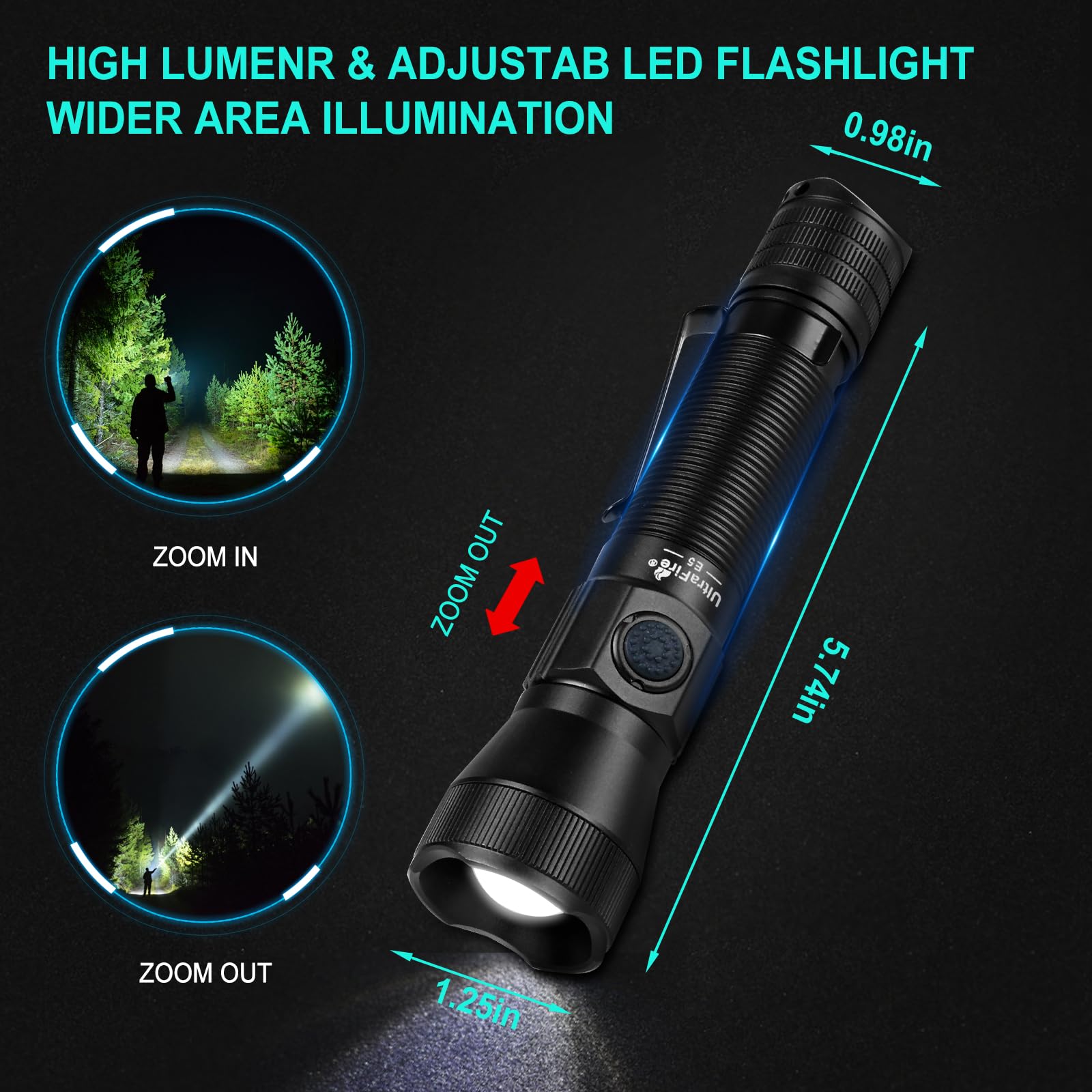 Ultrafire Tactical Edc Flashlight With Holster,1350 High Lumens Rechargeable Police Flashlight With Belt Holder,Zoomable Led Fla