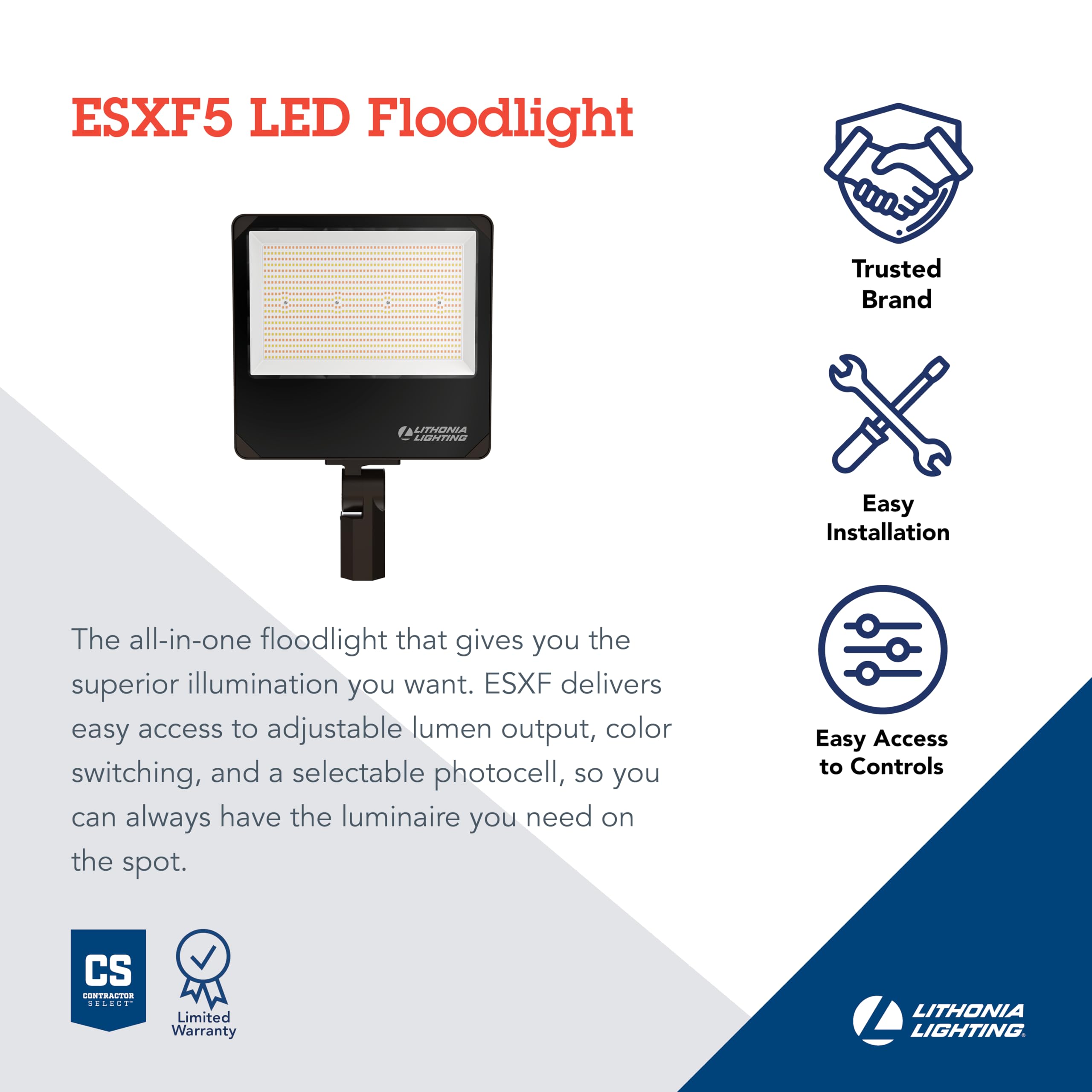 Lithonia Lighting LED Outdoor Floodlight, Adjustable Lumens, Dusk-to-Dawn, 8.85"W x 7.97"L x 3.04"H, Switchable White, Model