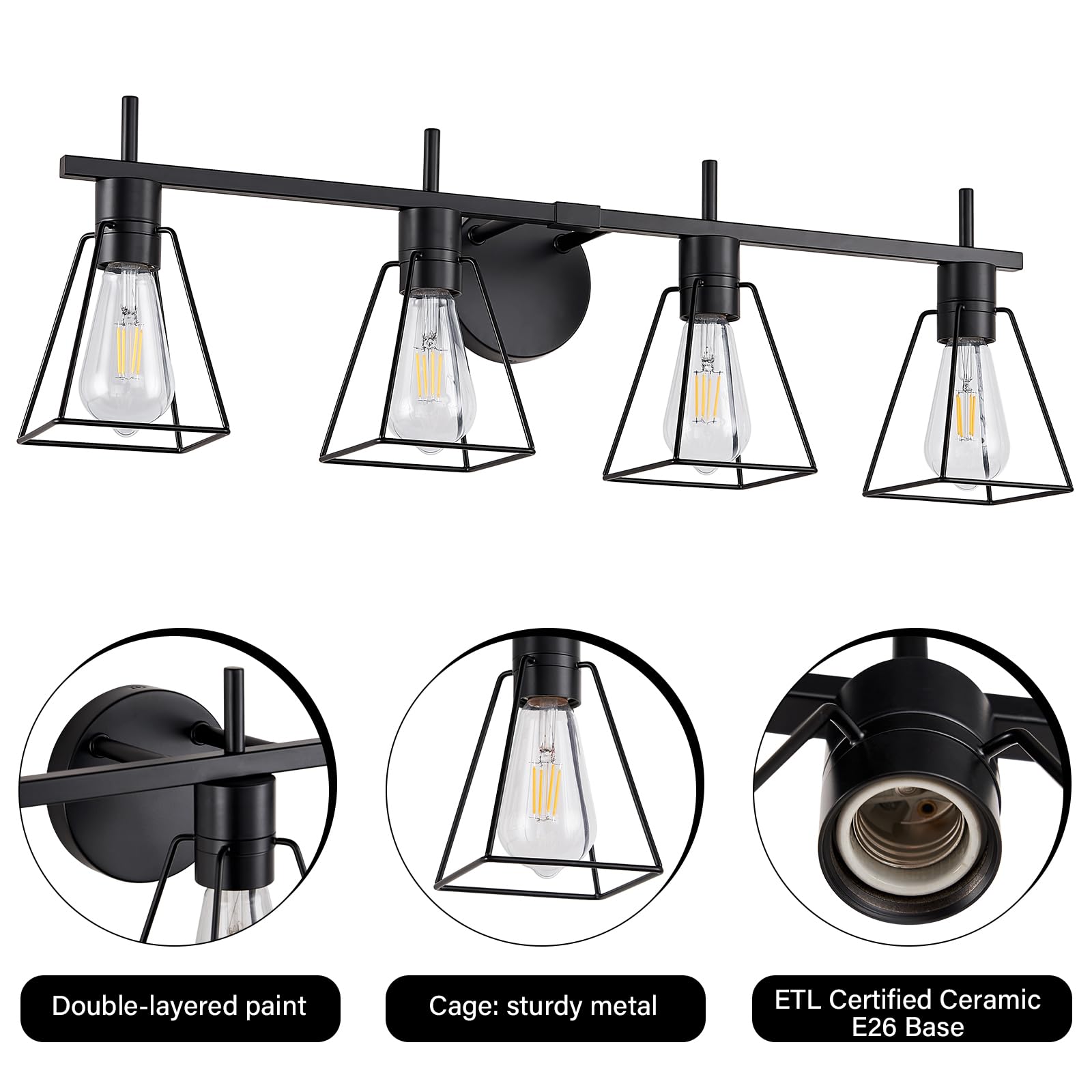 Fonmyim Farmhouse Bathroom Vanity Light Fixtures Over Mirror, Matte Black 4-Light Wall Sconce With Metal Cage, E26 Socket (Bulbs