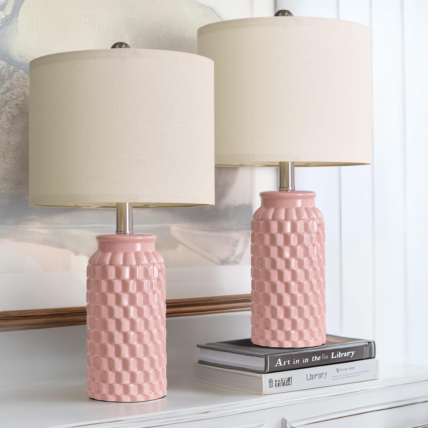Usumkky 20.5'' Pink Table Lamps Set Of 2,Modern Farmhouse Bedside Lamps - Ceramic Nightstand Lamps For Bedroom,Boho Living Room 