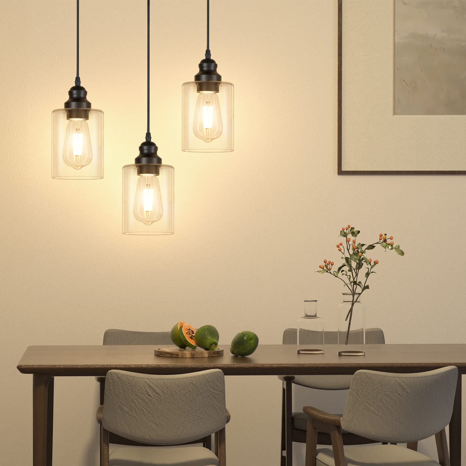 Licperron 3 Pack Black Adjustable Pendant Lighting Fixtures, Metal with Clear Glass Shade, Modern Design for Kitchen and Dining Room