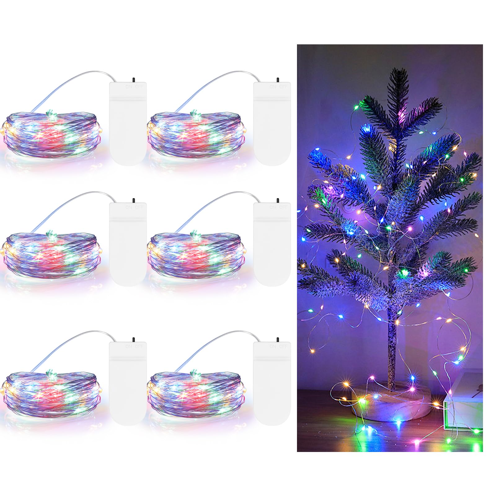 TingMiao Fairy String Lights, 20 LEDs, 7.2ft Silvery Copper Wire, Multicolor, Battery Operated, 6 Pack