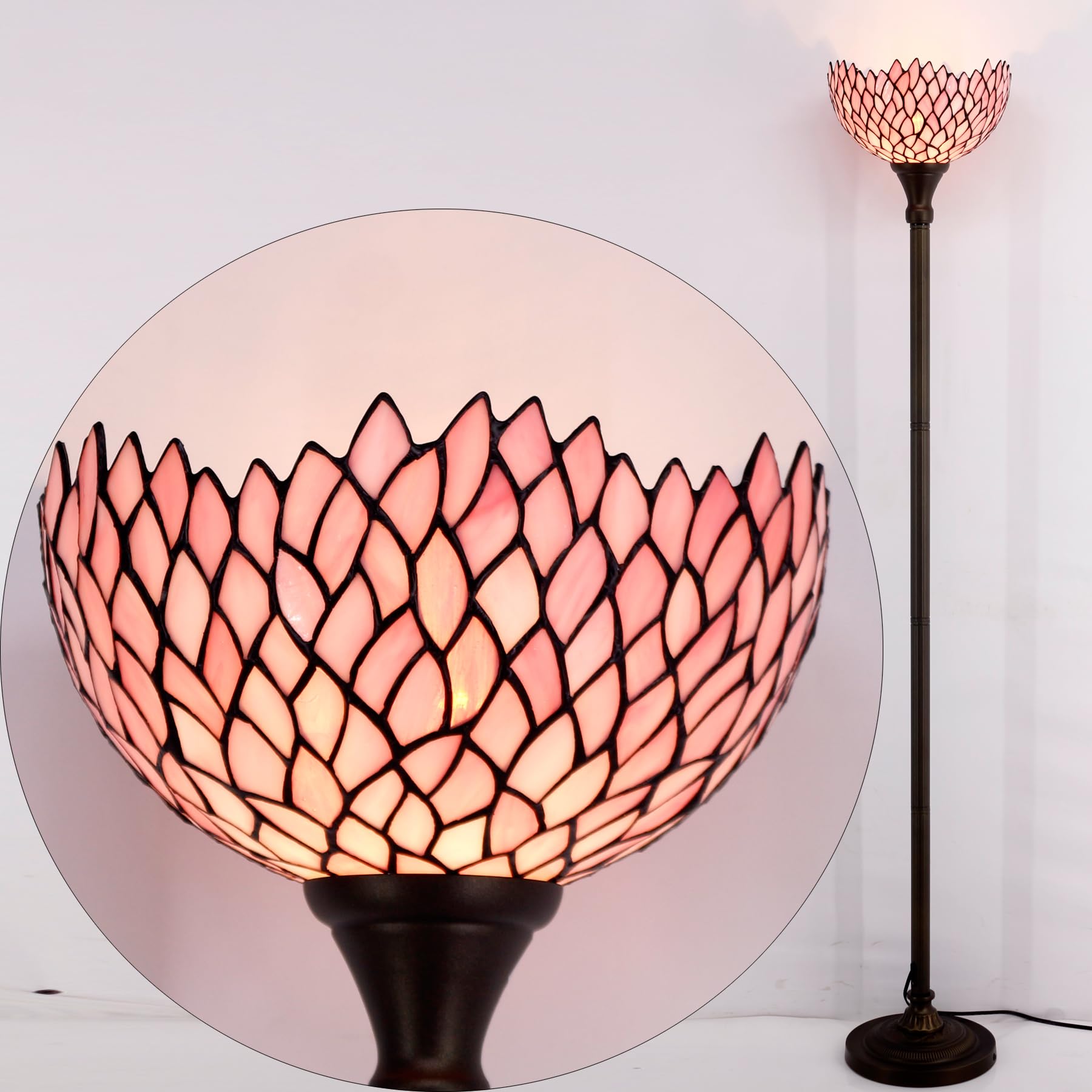 WERFACTORY Tiffany Torchiere Floor Lamp, Pink Wisteria, 12x12x66 Inches, Glass, S523P Series, Ideal for Bedroom & Living Room Decor