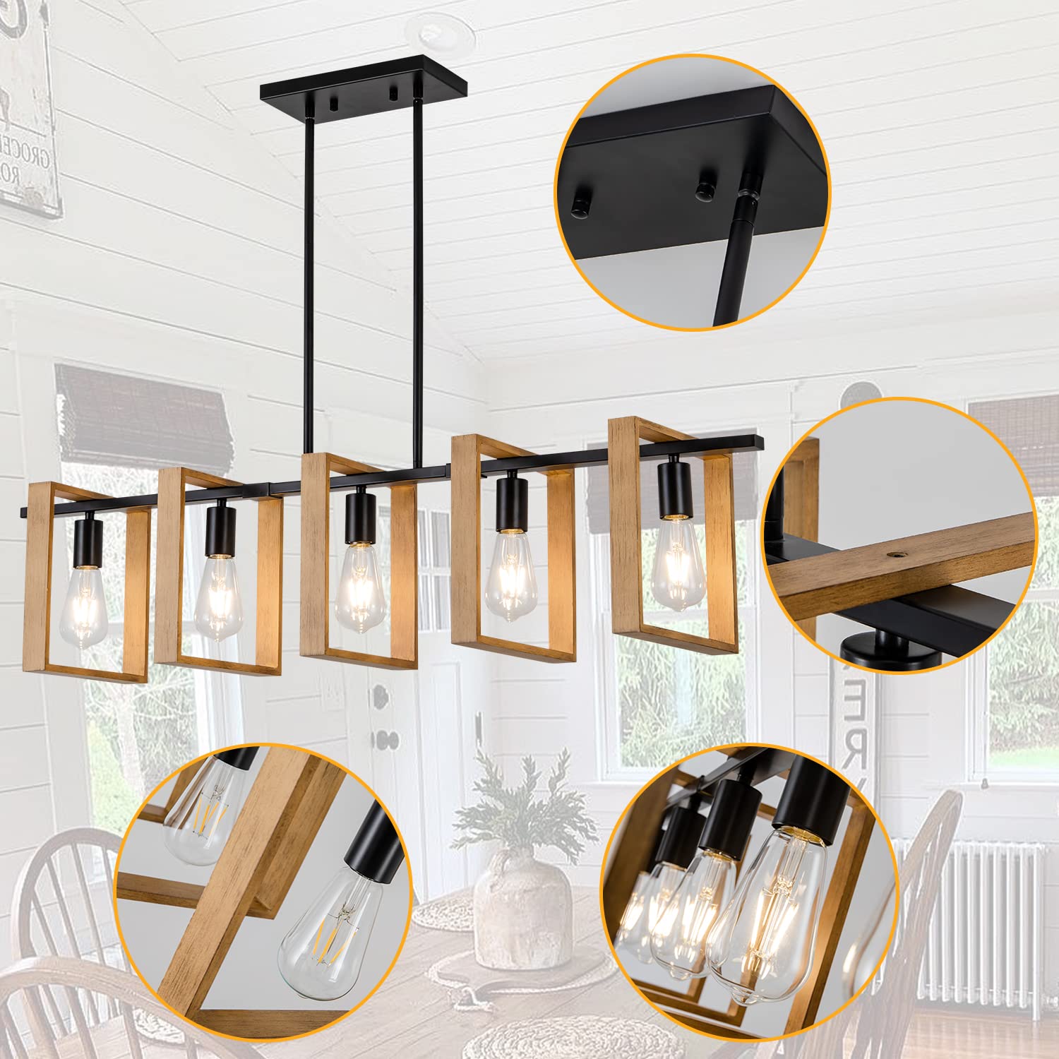 Poroulux Dining Room Chandelier Farmhouse Kitchen Island Lights Ceiling Hanging 5 Lights Wood And Black Light Fixture Rustic Pen