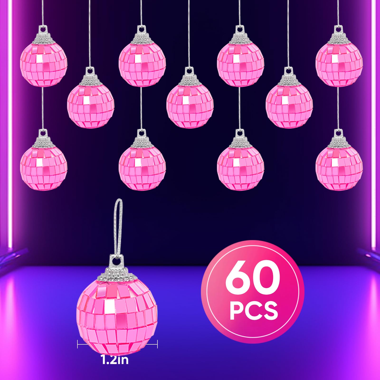 Pink Mini Disco Ball Decor: 60 Pack Hanging Mirror Ball Ornaments 1.2 Inch Disco Balls Decorations Bulk For Party Christmas Tree Cake Room Birthday