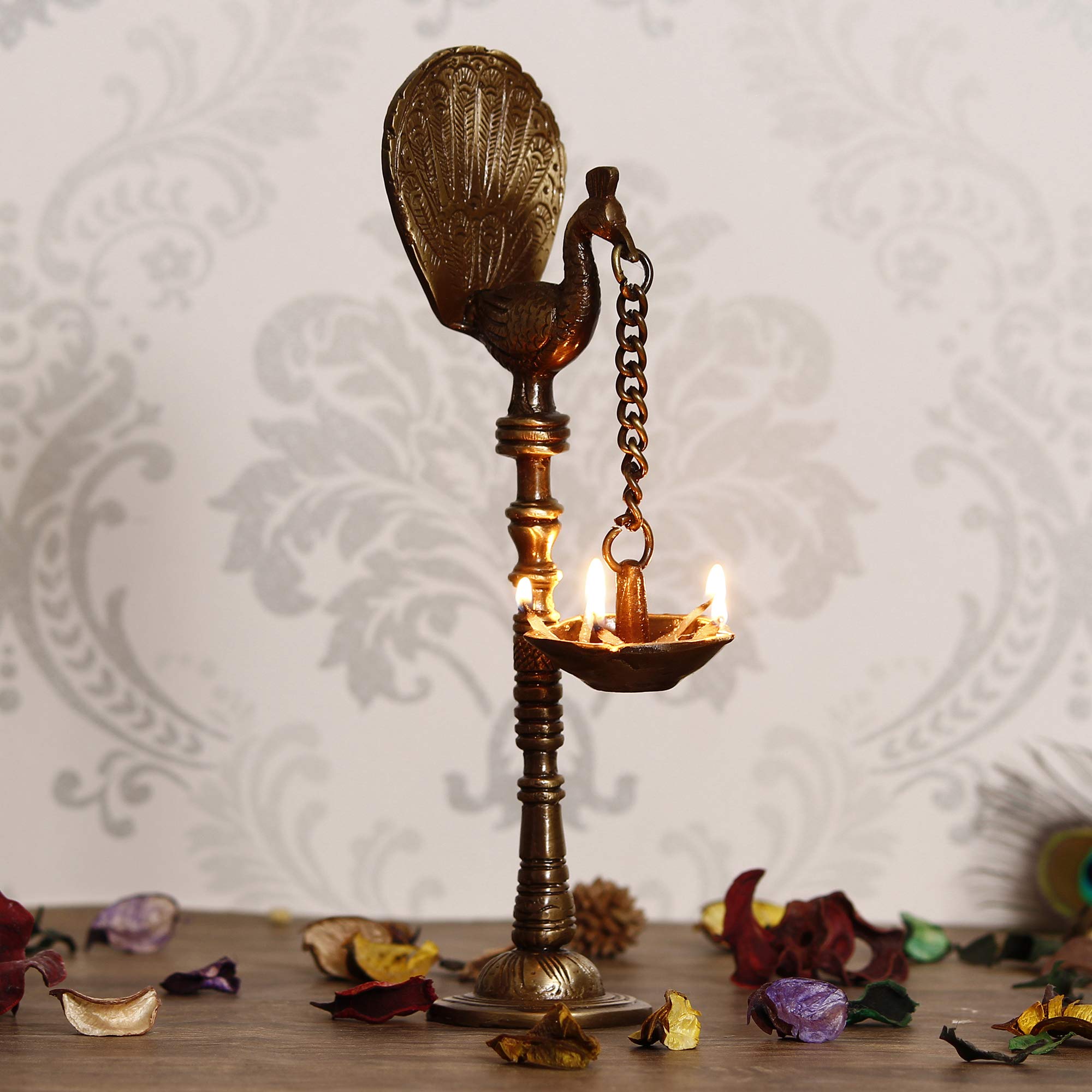 eCraftIndia Decorative Handcrafted Brass Peocock Showpiece Diya for 5 Wicks with Stand, (Model: BGGDB120), Golden, One Size