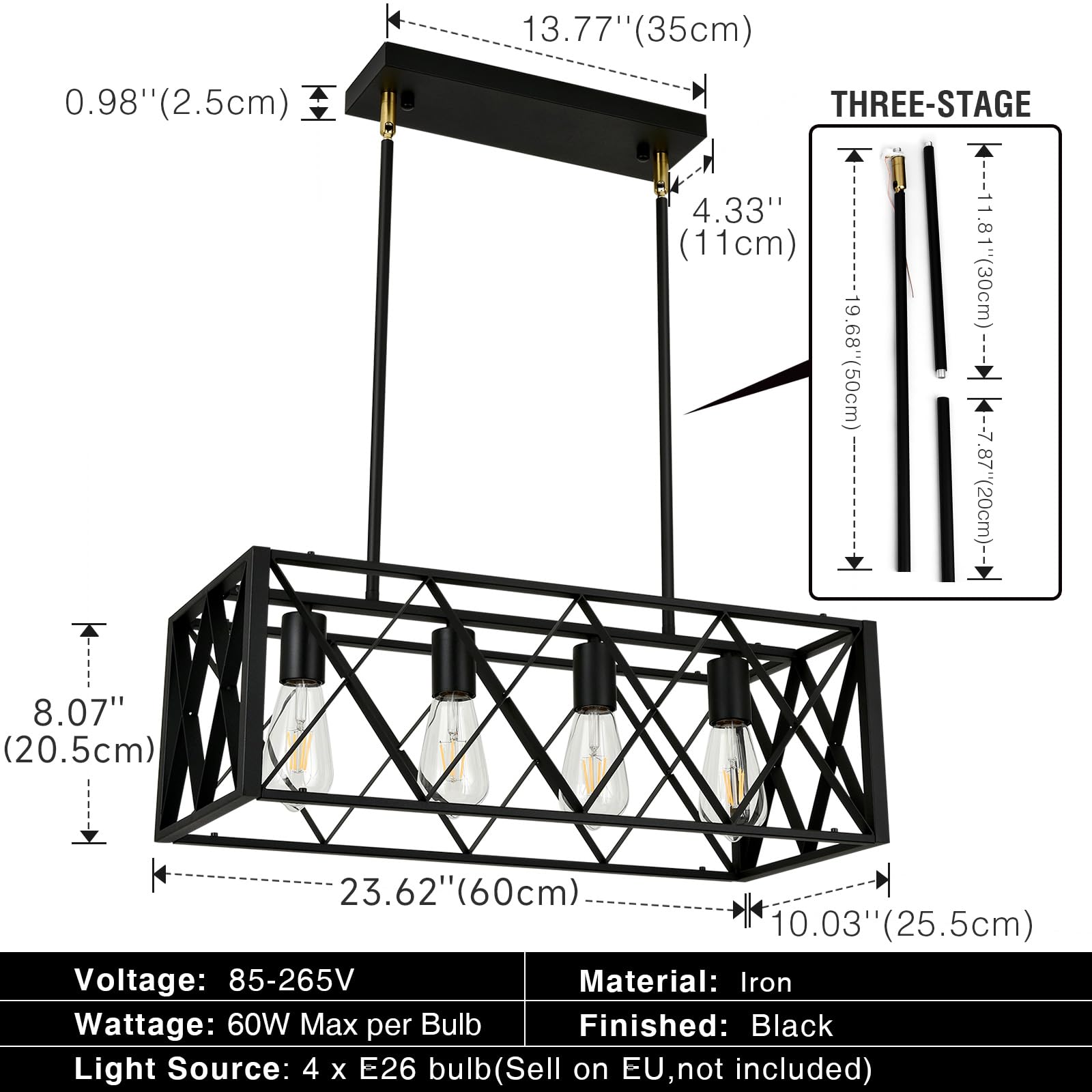 Pretoy Black Farmhouse Chandelier - 4-Light Iron Pendant Lighting for Dining Room & Kitchen Island, Model 00008-4