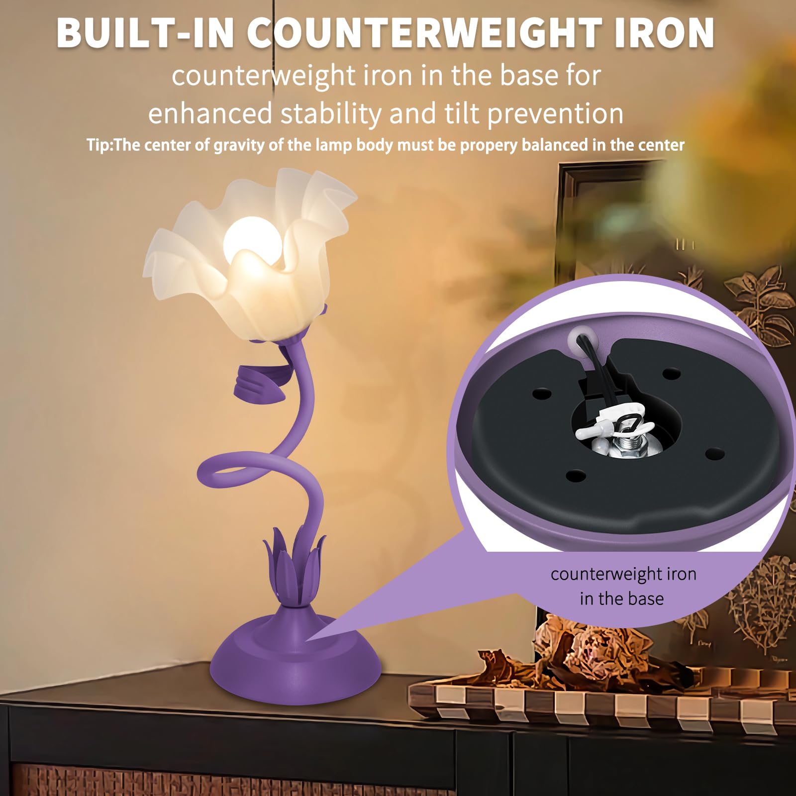 Larnix Women Bedside Table Lamp, Adjustable Gooseneck, 3 Color Temperatures, Floral Design, Purple, Model HTD-0004