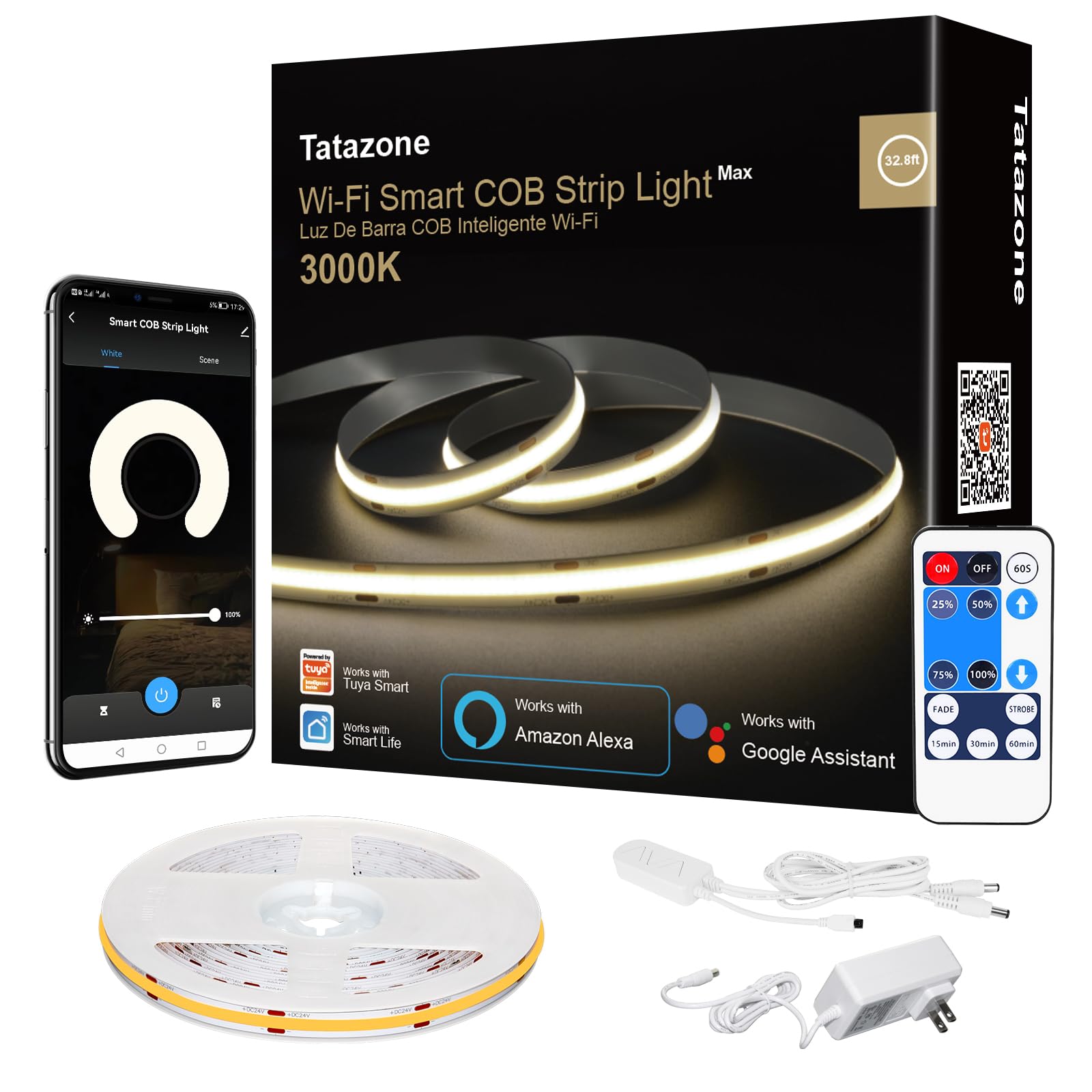 Tatazone Smart White COB Led Band Light with Remote  32.8ft 3000K Bright Warm White WiFi COB Light Band Compatible with Alexa Google  Dimmable Indoor Led Lights for Cabinet  Room  2 Rolls of 16.4ft