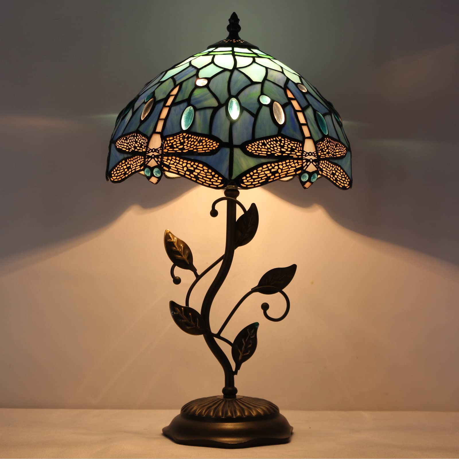 Avivadirect Tiffany Lamp Blue Dragonfly Style Stained Glass Table Lamp Desk Bedside Reading Light 12X12X19 Inches With Metal Lea