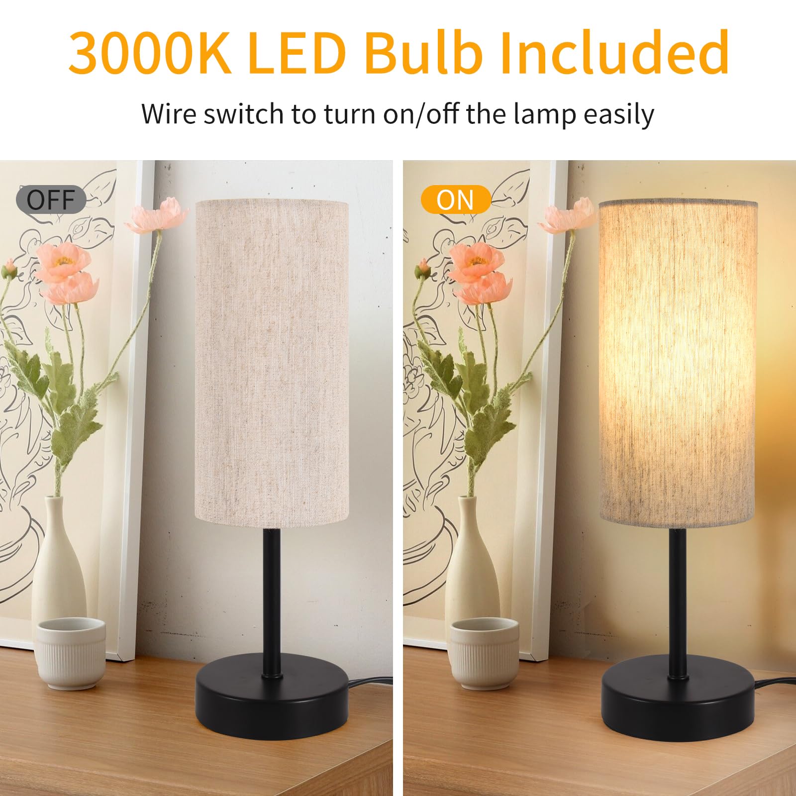 RISLG Small Beige-Black Table Lamp, 13in Minimalist Modern Bedside Lamp with Linen Shade for Bedroom, Living Room, Office, Kids Room