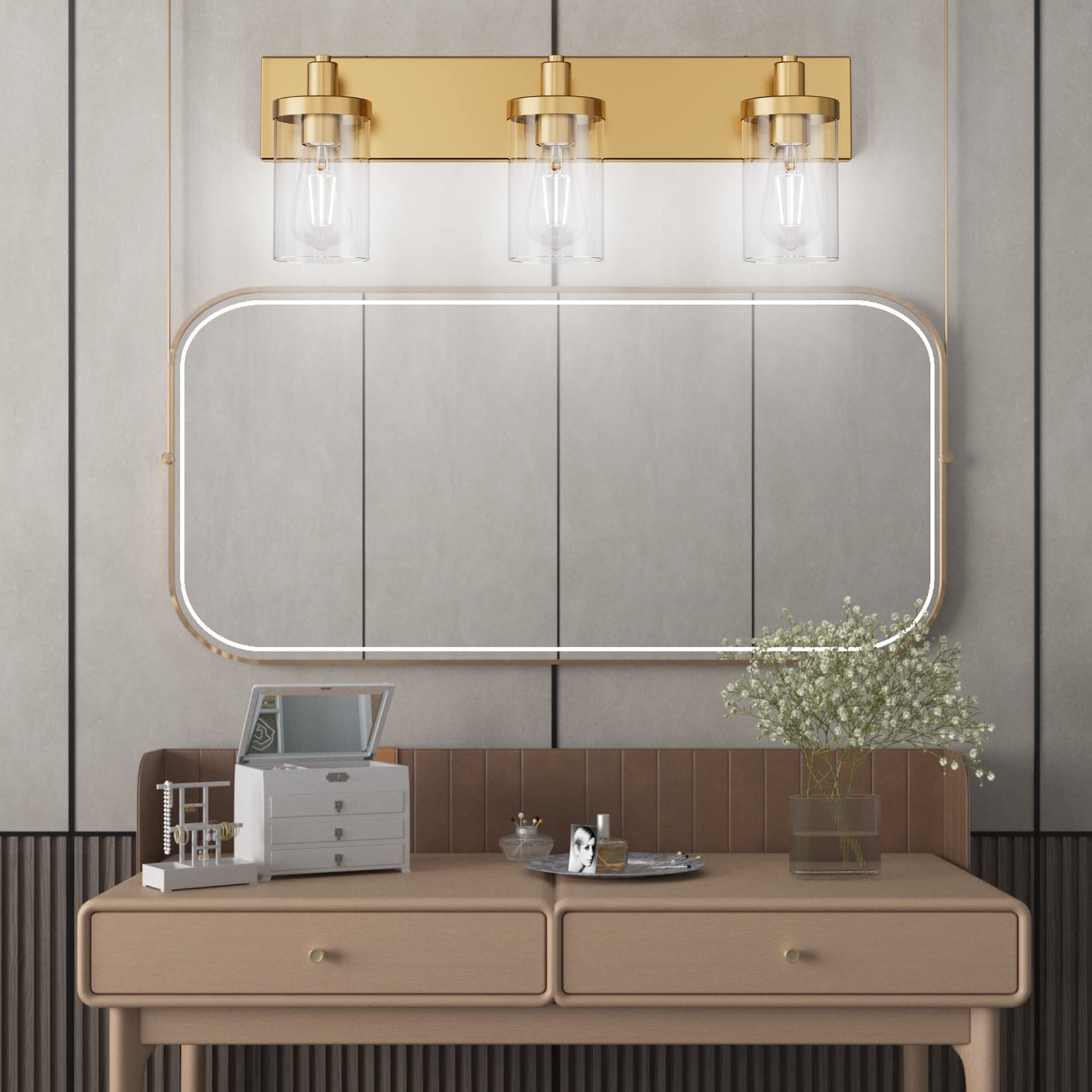 Aipsun Gold Vanity Light 3-Light Aluminum Bathroom Lighting Fixture GW-1136 with Clear Glass Shade