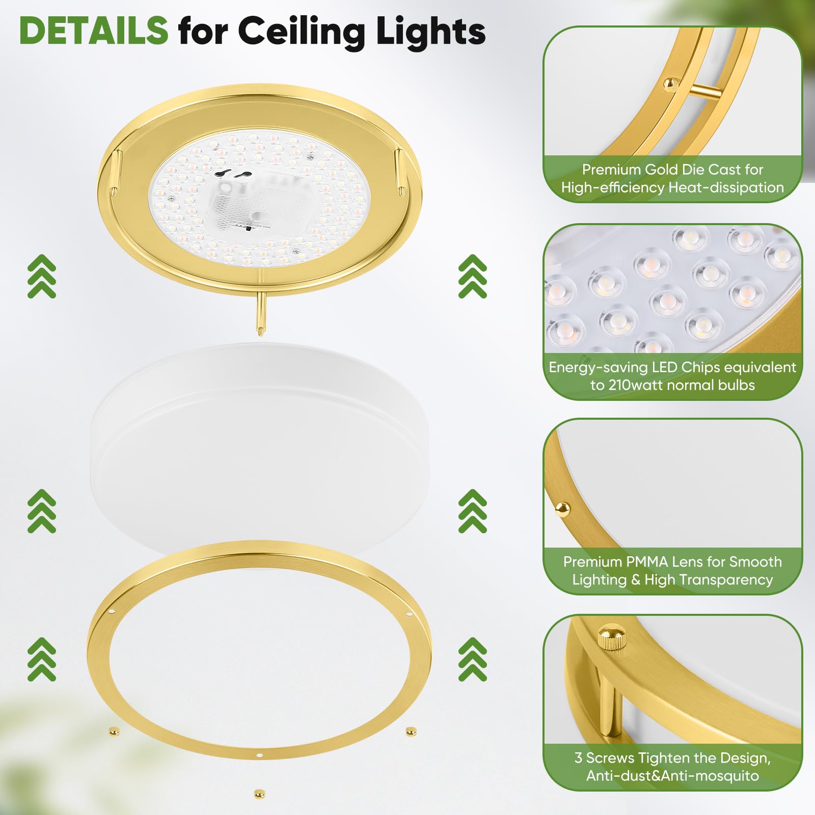 TOBUSA 10 Inch LED Flush Mount Ceiling Light, Dimmable, Brushed Gold, 5 Color Options, Model 63025009-03