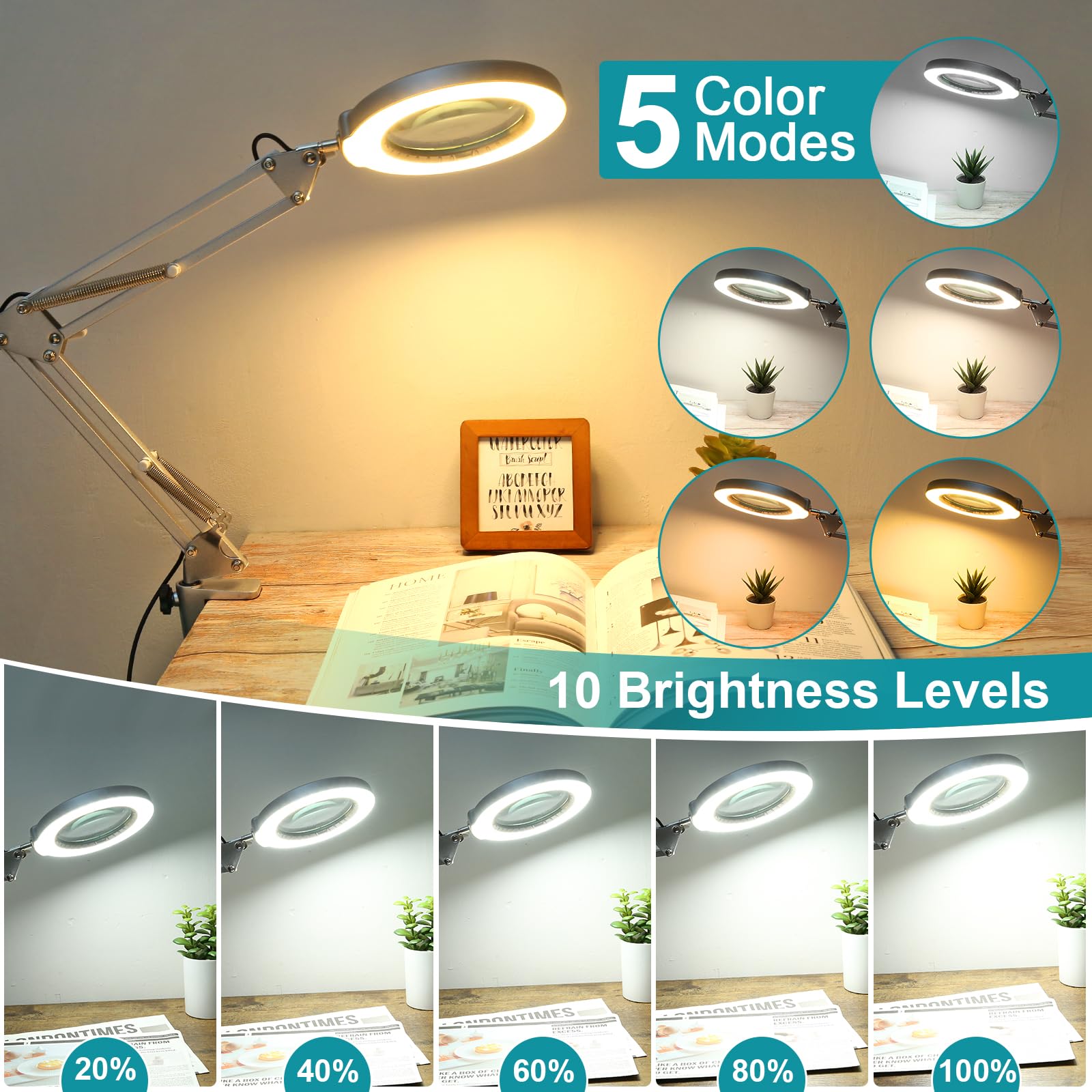 10X Magnifying Glass With Light And Stand, 2-In-1 Desk Lamp & Clamp Light, 5 Color Modes, Brightness Stepless Dimmable Led Light