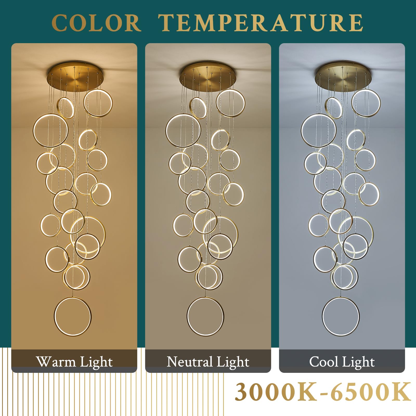 Sparklelf 20-Light Modern LED Chandelier, Dimmable Gold Fixture for High Ceilings, Entryway, Dining, Living Room, 3000-6500K