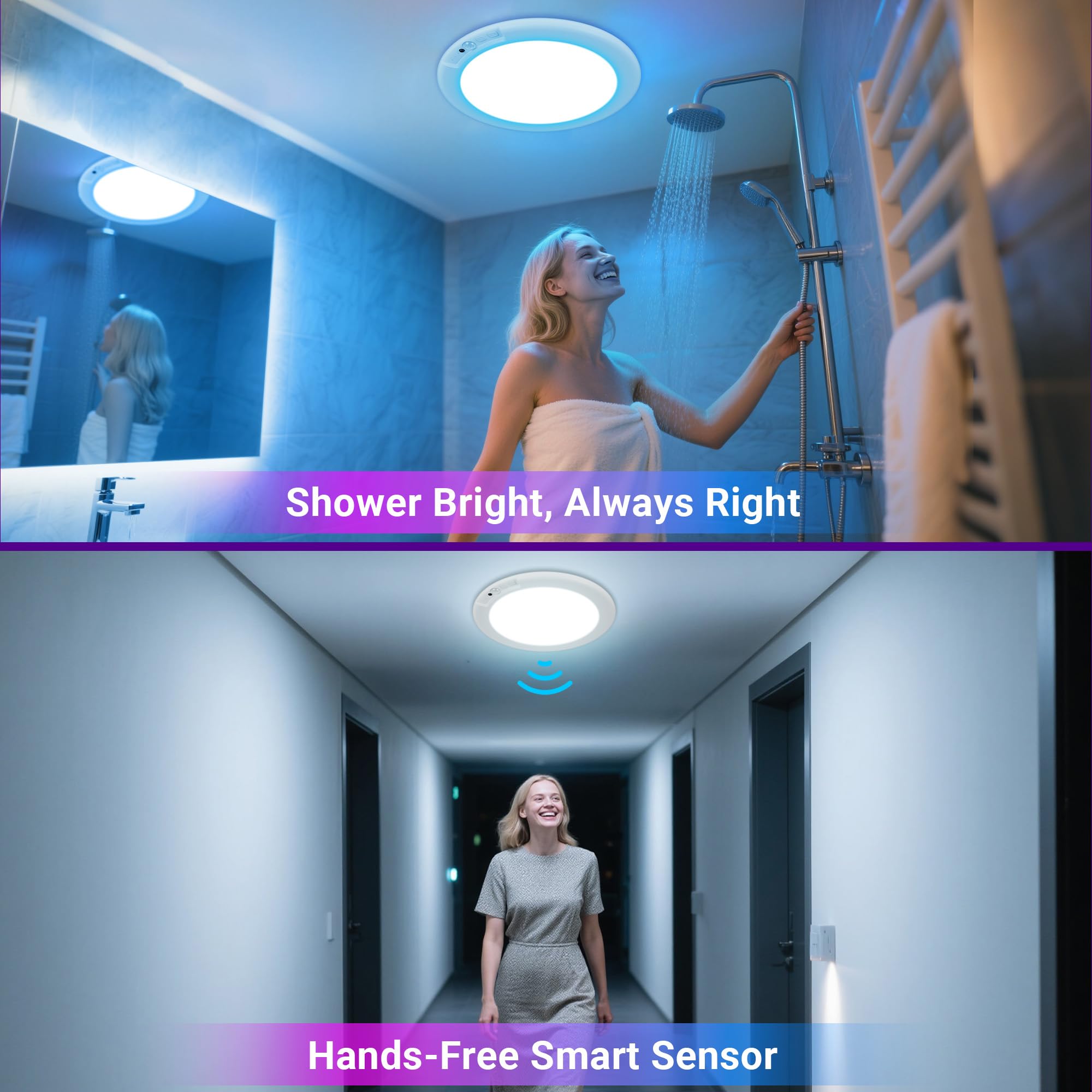 Rodalims Rechargeable Ceiling Shower Light with Remote, RGB & White, Motion Sensor, 1 Pack, Model CeilingLight-RL0032A1