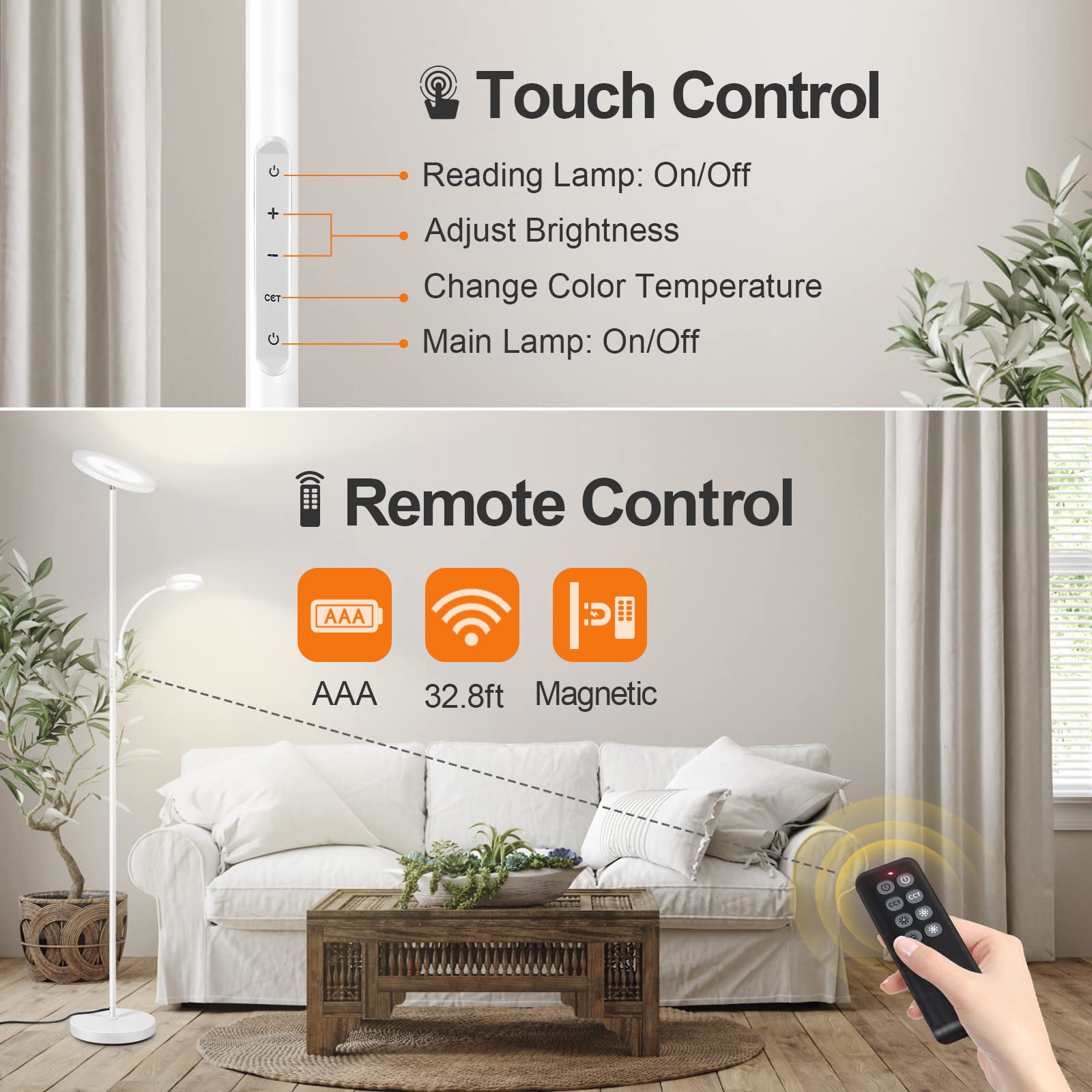 OUTON LED Floor Lamp, 27W/2400LM Torchiere & 7W Reading Light, Dimmable, Remote Control, Pearl White