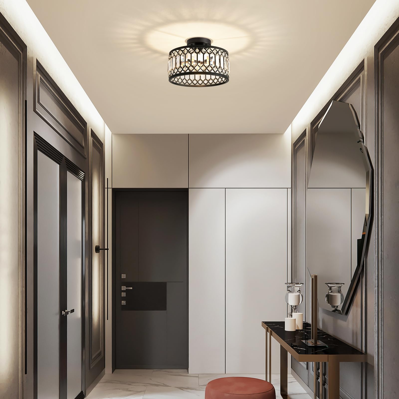Pevfah 11.4 Black Crystal Semi Flush Mount Ceiling Light Fixture - Modern Round Lighting for Kitchen, Hallway, Bedroom, Laundry Room