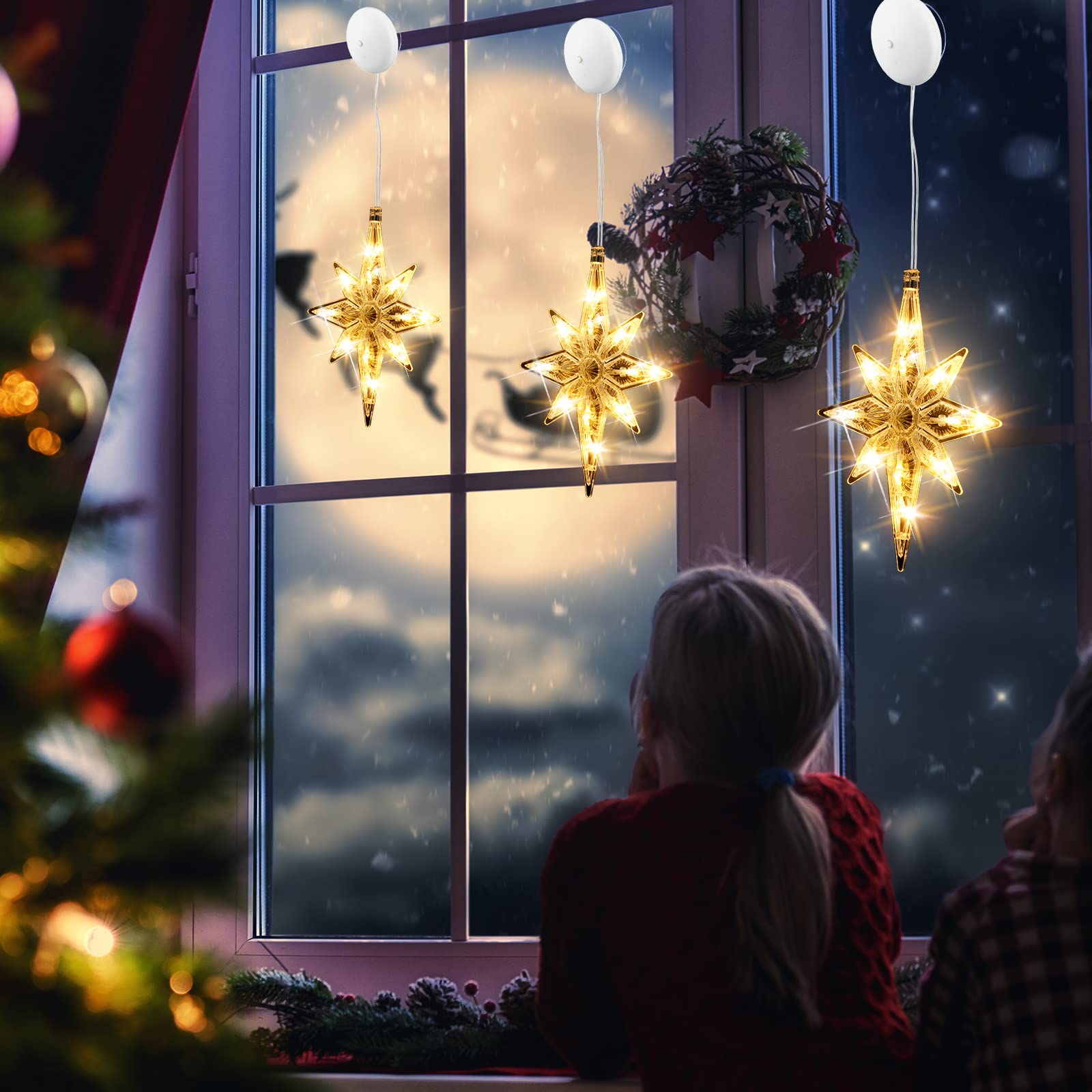 VIHOSE LED Christmas Window Lights - 10.6 Inch Bethlehem Silhouette, Yellow Plastic, Set of 3 for Tree & Window Ornaments