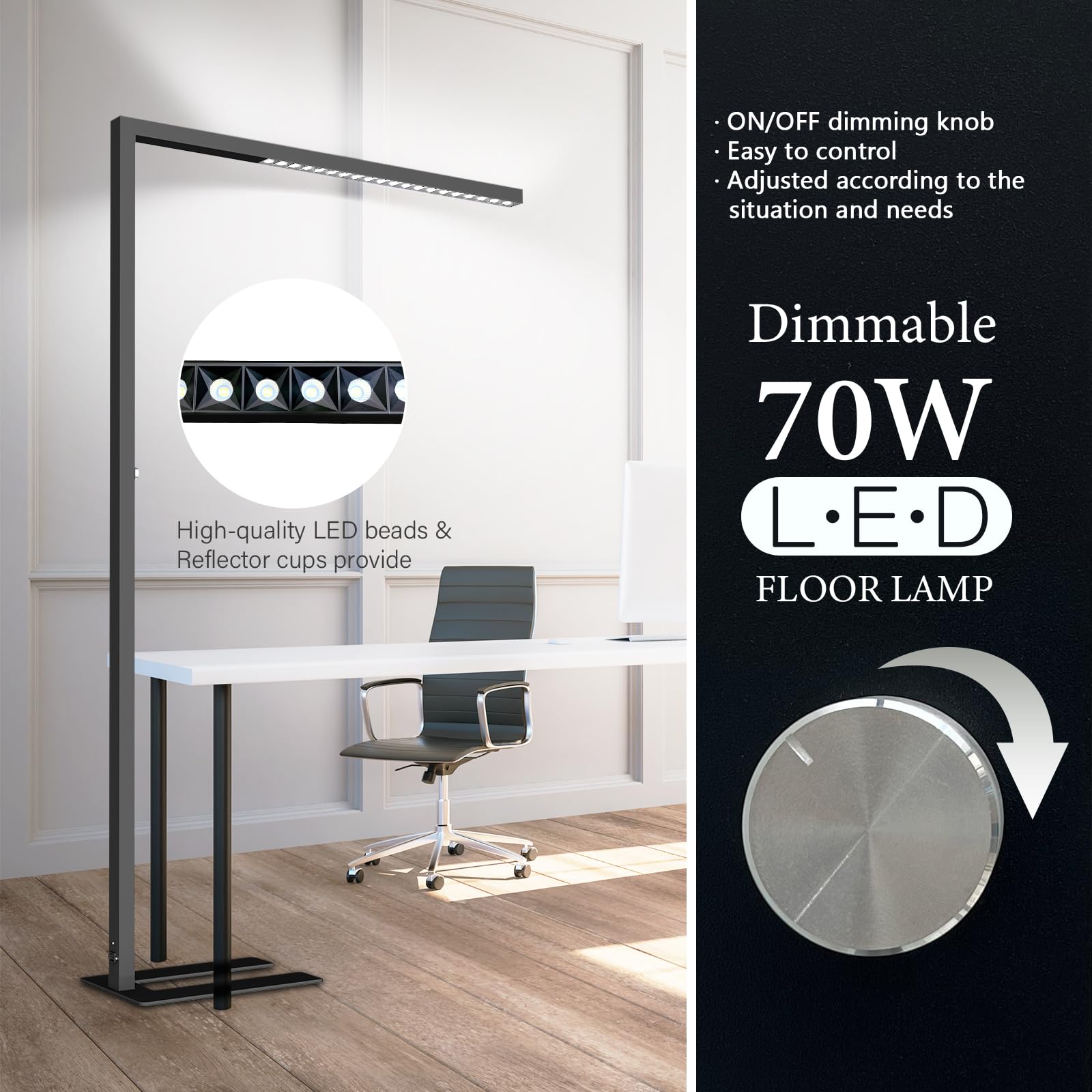 STERREN 77" LED Floor Lamp - 7350LM Dimmable Eye-Care Light, Modern Black Reading Lamp for Office & Living Room, Model NECO-02B-AM