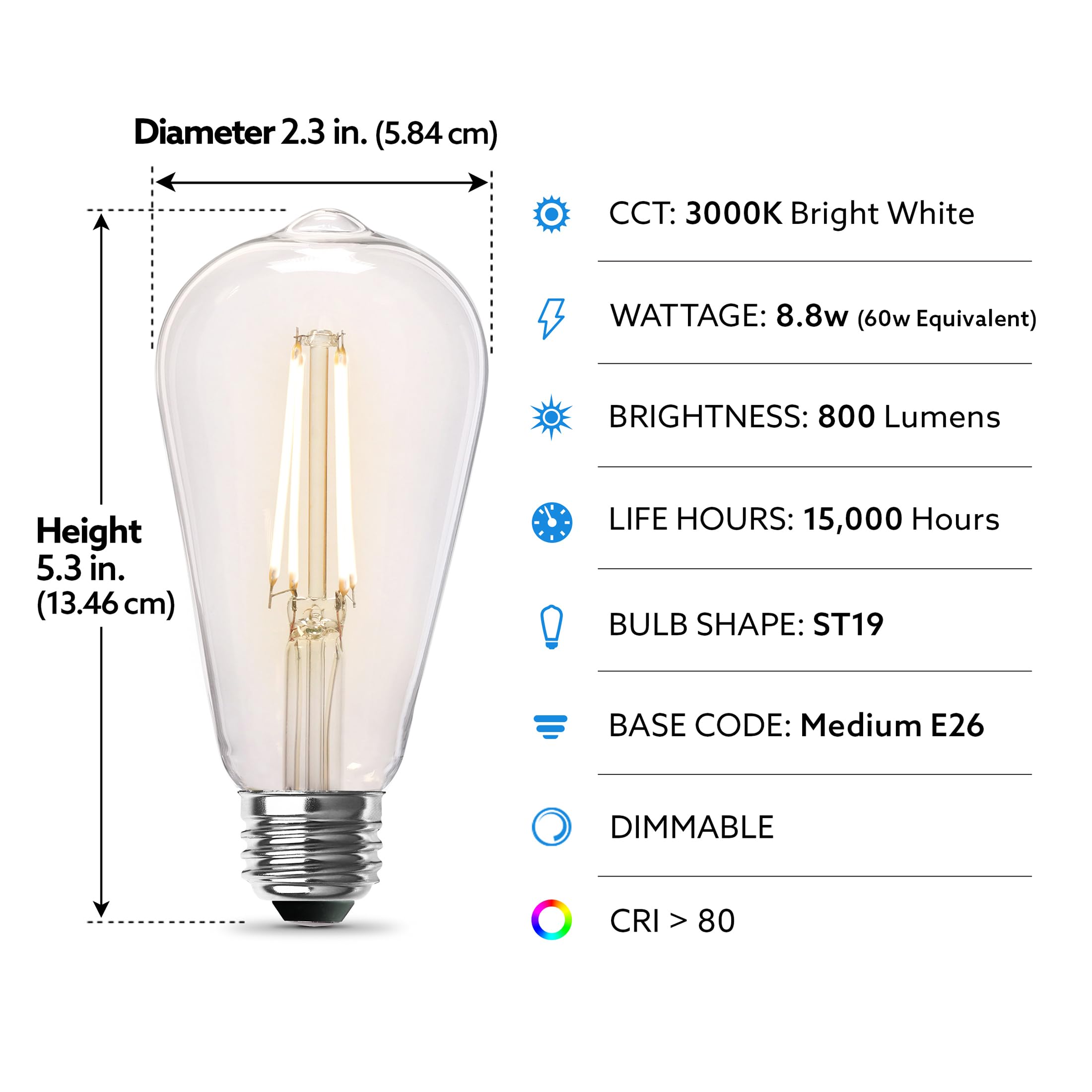 Feit Electric St19 Vintage Edison Led Light Bulb, 100W Equivalent, Dimmable, 2700K Soft White, 1490 Lumens, E26 Base, Retro Filament Light Bulbs, 15,000-Hour Lifetime, St19100Cl/927Ca/2/4, 8 Pack