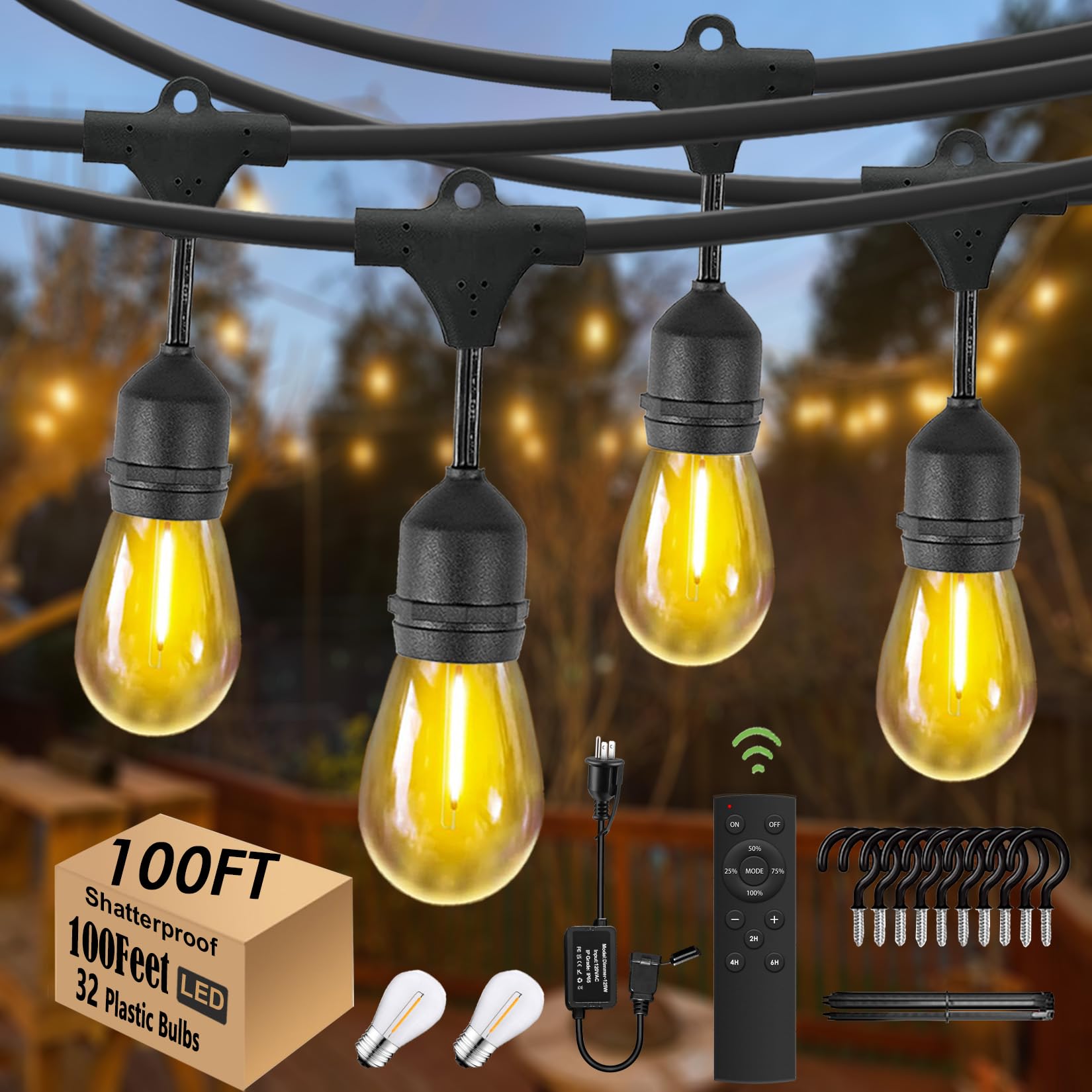 Skeerei 100FT String Lights for Outside with 30+2 Bulbs, Remote & Dimmer, Patio String Lights with 3 Light Modes & Timer, IP65 W