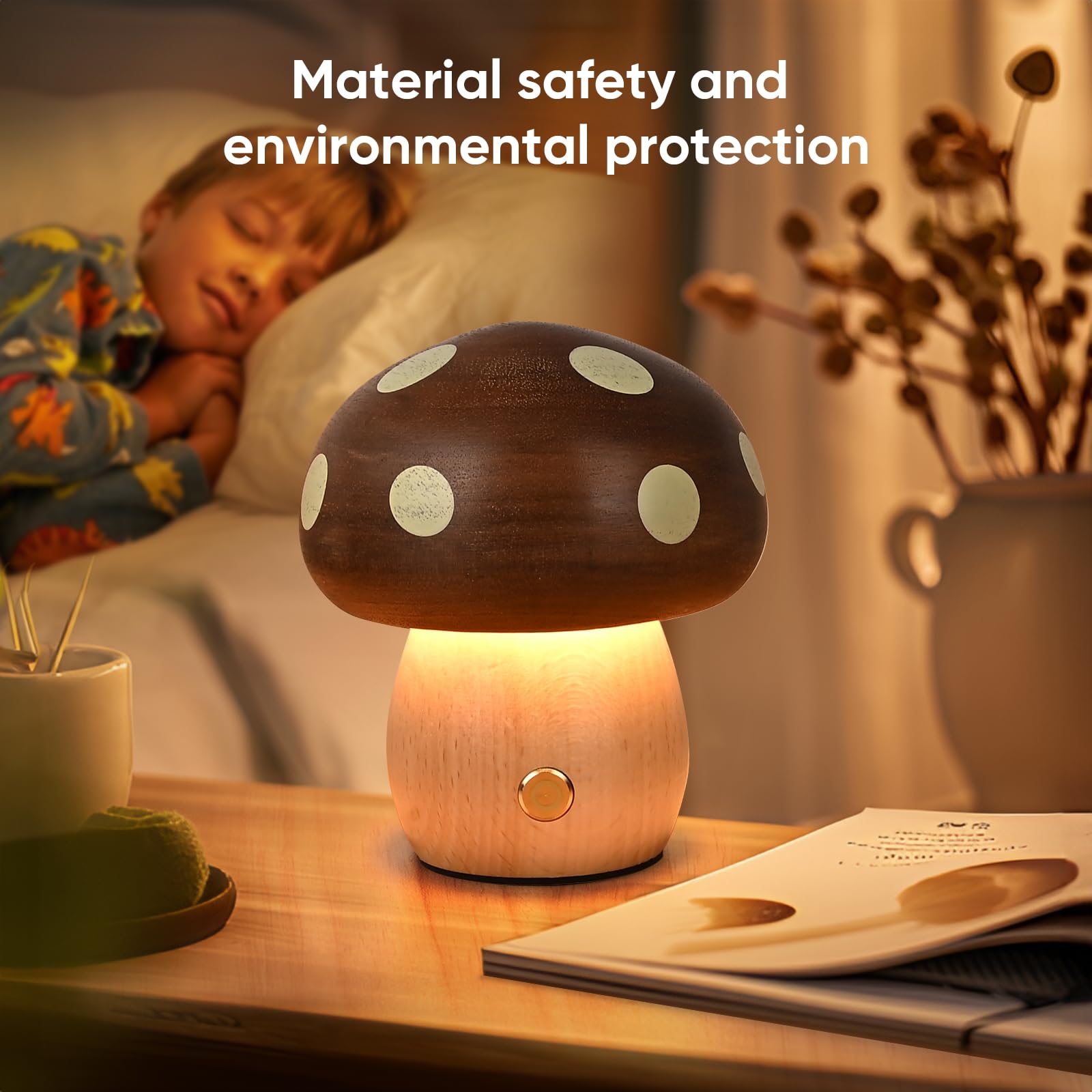 Moroommt Wood Mushroom Lamp  Rechargeable Small Bedside Lamp  Touch Mushroom Night Light Small Lamp For Nightstand  Portable Battery Operated Lights For Bedroom Kids Birthday Gifts